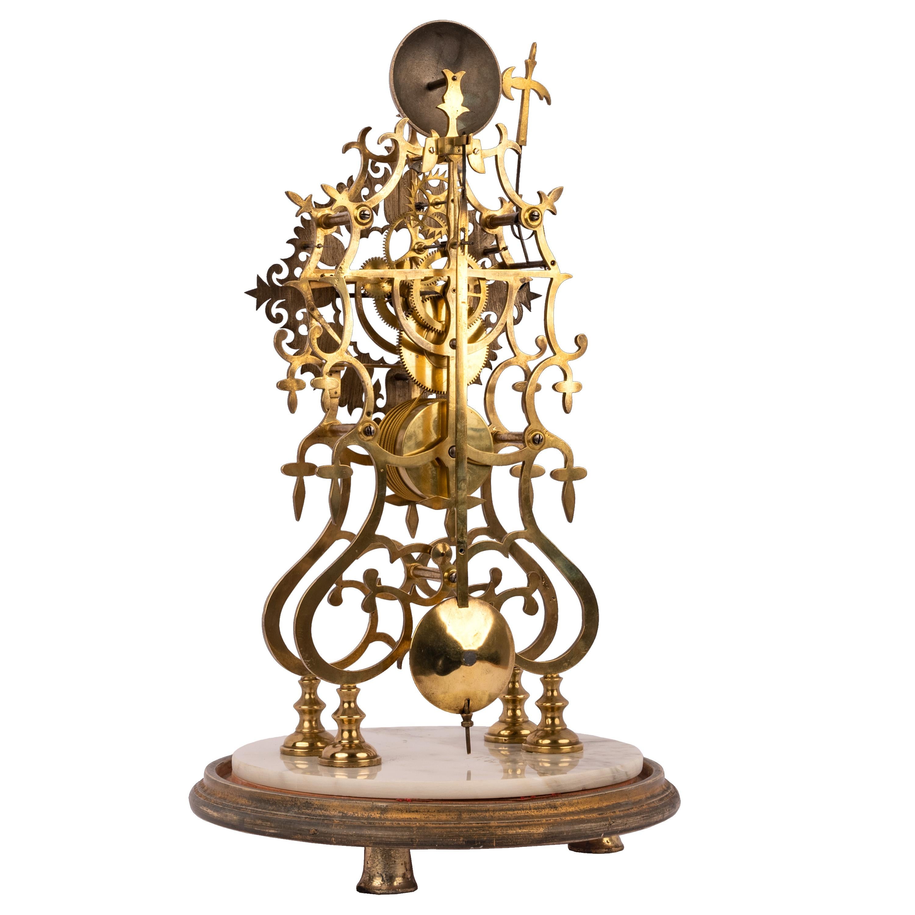 Antique 19th Century English 8 Day Fusee Brass & Glass Dome Skeleton Clock, 1870 For Sale 2