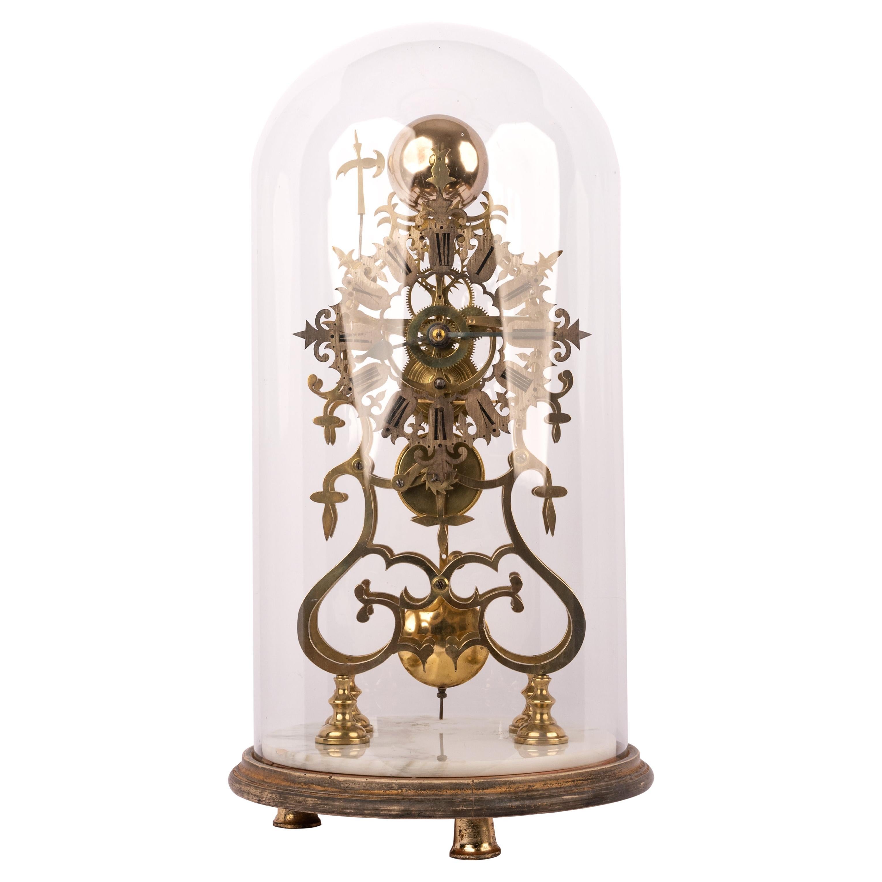 Antique 19th Century English 8 Day Fusee Brass & Glass Dome Skeleton Clock, 1870 For Sale