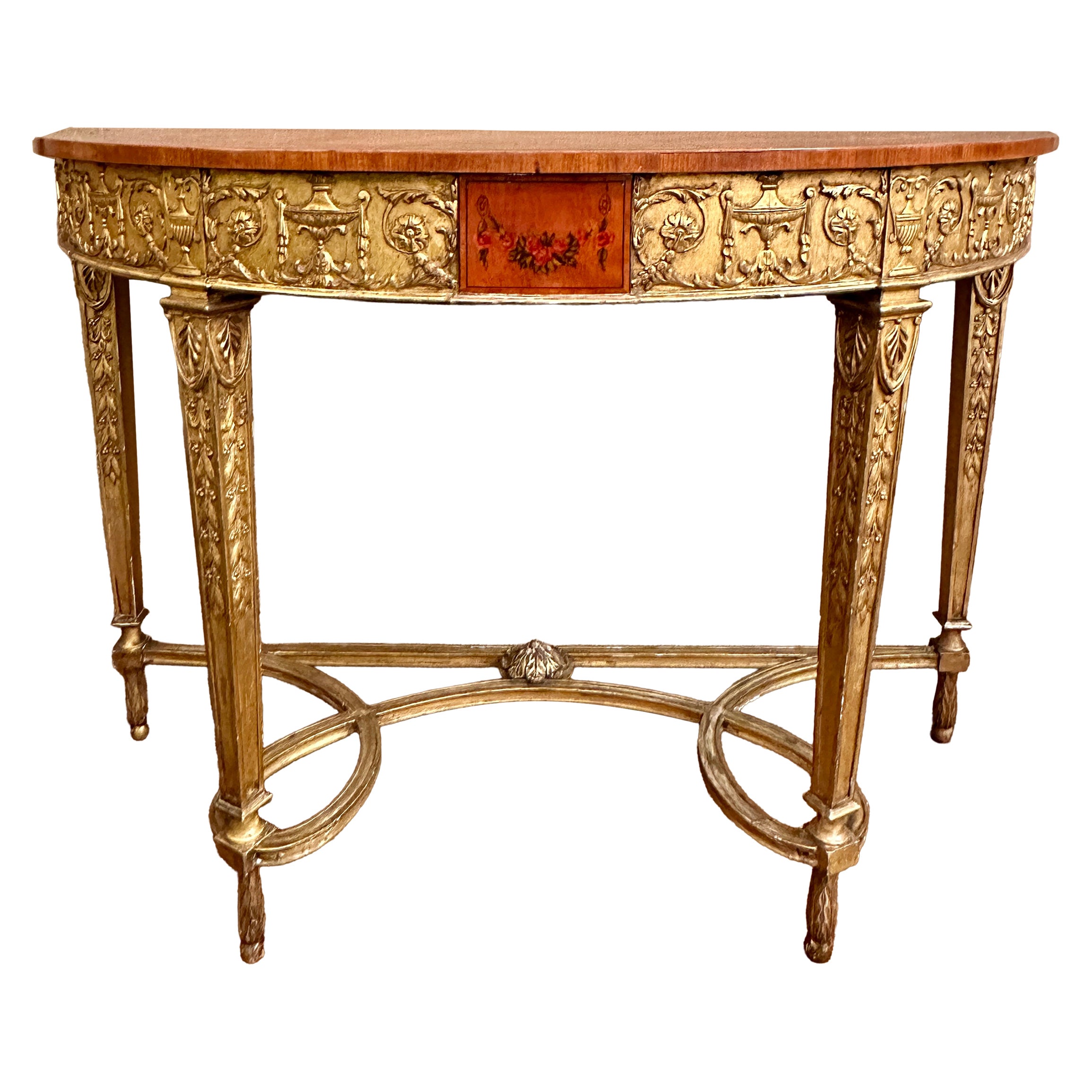 Console inglese d'epoca del XIX secolo, in legno di satinwood, con finiture dorate e decorazioni dipinte "Kauffman". in vendita