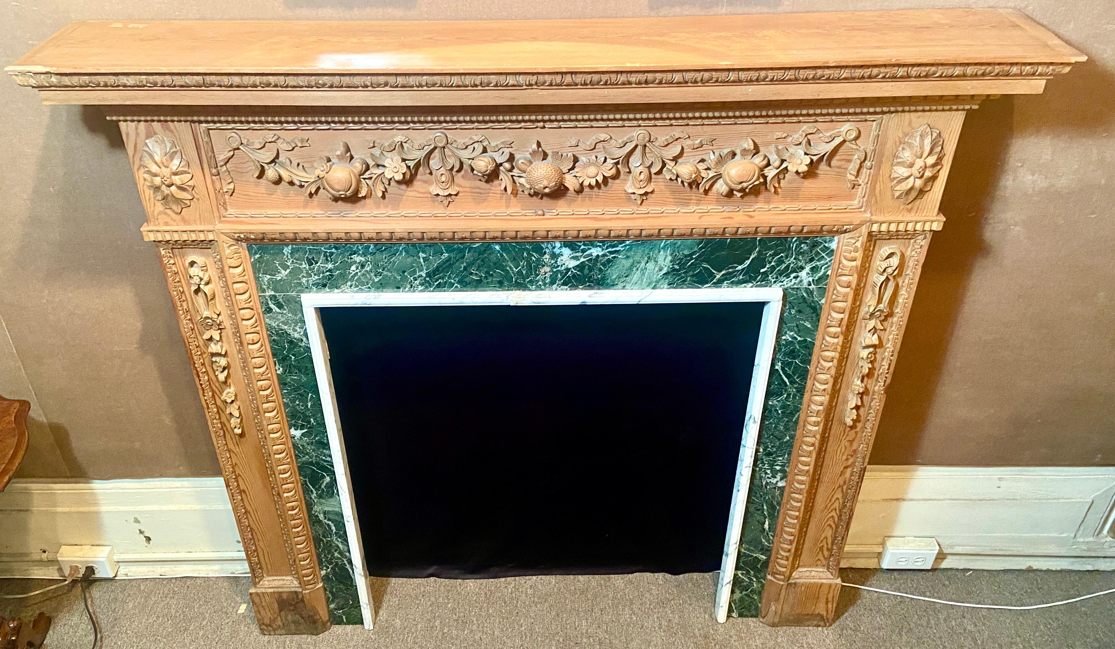 Antique 19th Century English Adams Style Carved Wood Mantel with Marble Inset. In Good Condition For Sale In New Orleans, LA