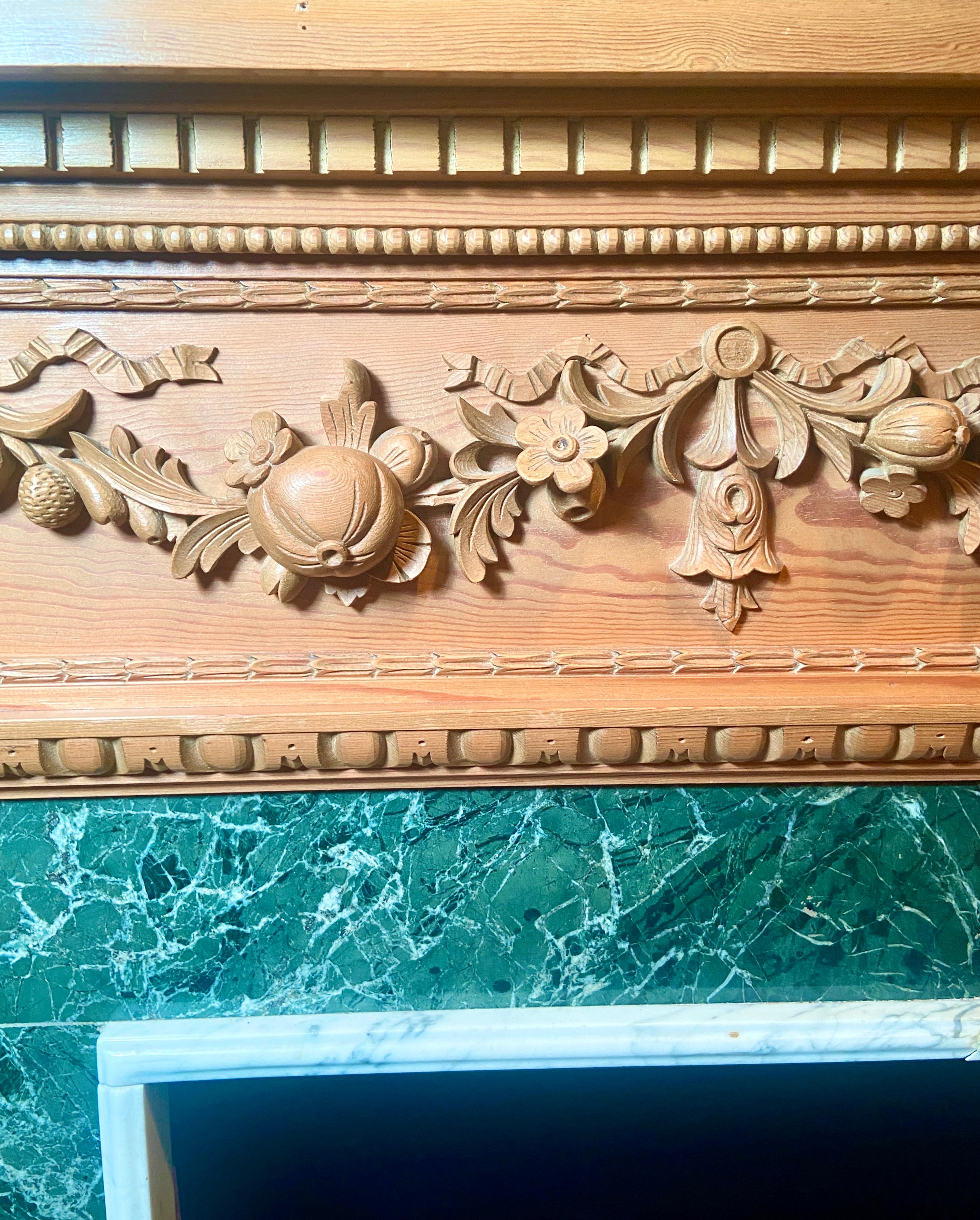 Antique 19th Century English Adams Style Carved Wood Mantel with Marble Inset. For Sale 1