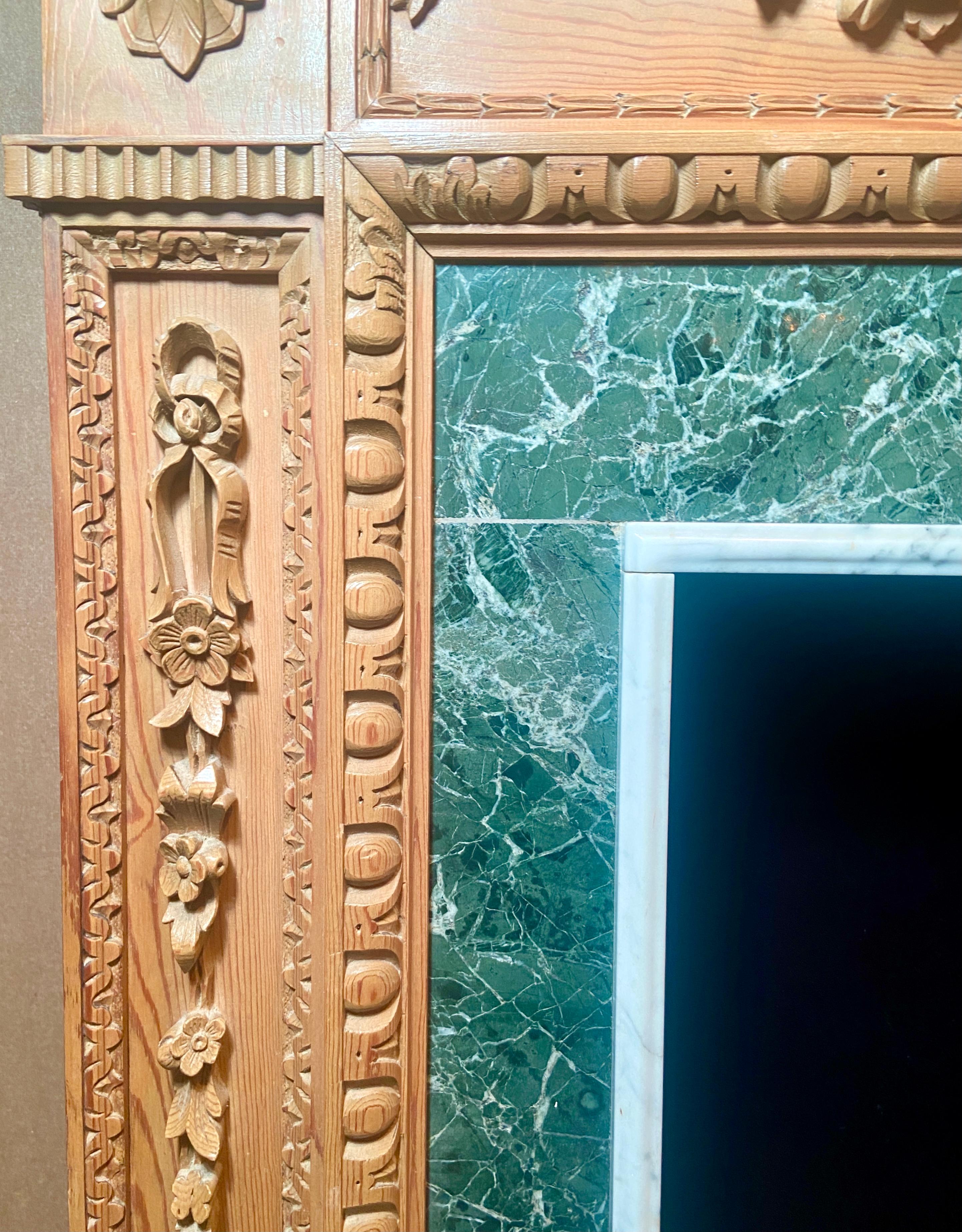 Antique 19th Century English Adams Style Carved Wood Mantel with Marble Inset. For Sale 2