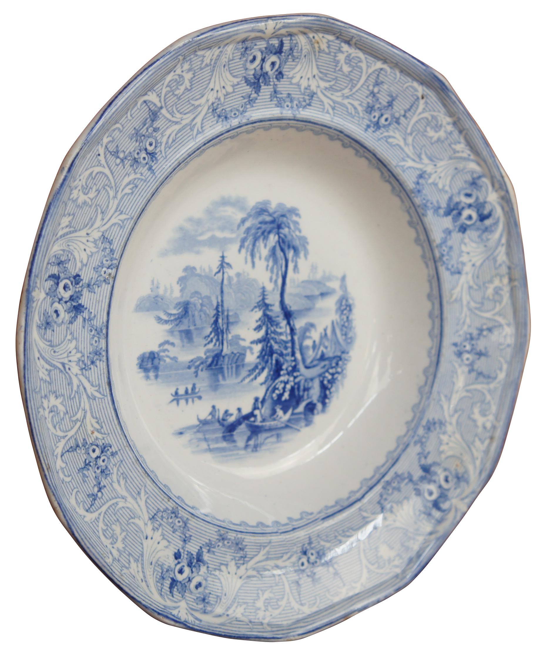Antique 19th century English transferware shallow bowl or soup plate featuring a nautical theme with boats / fishermen / Tipi's on the lake. Measure: 9