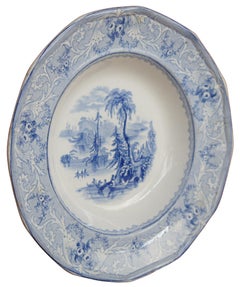Antique 19th Century English Blue Ironstone Transferware Shallow Bowl Plate