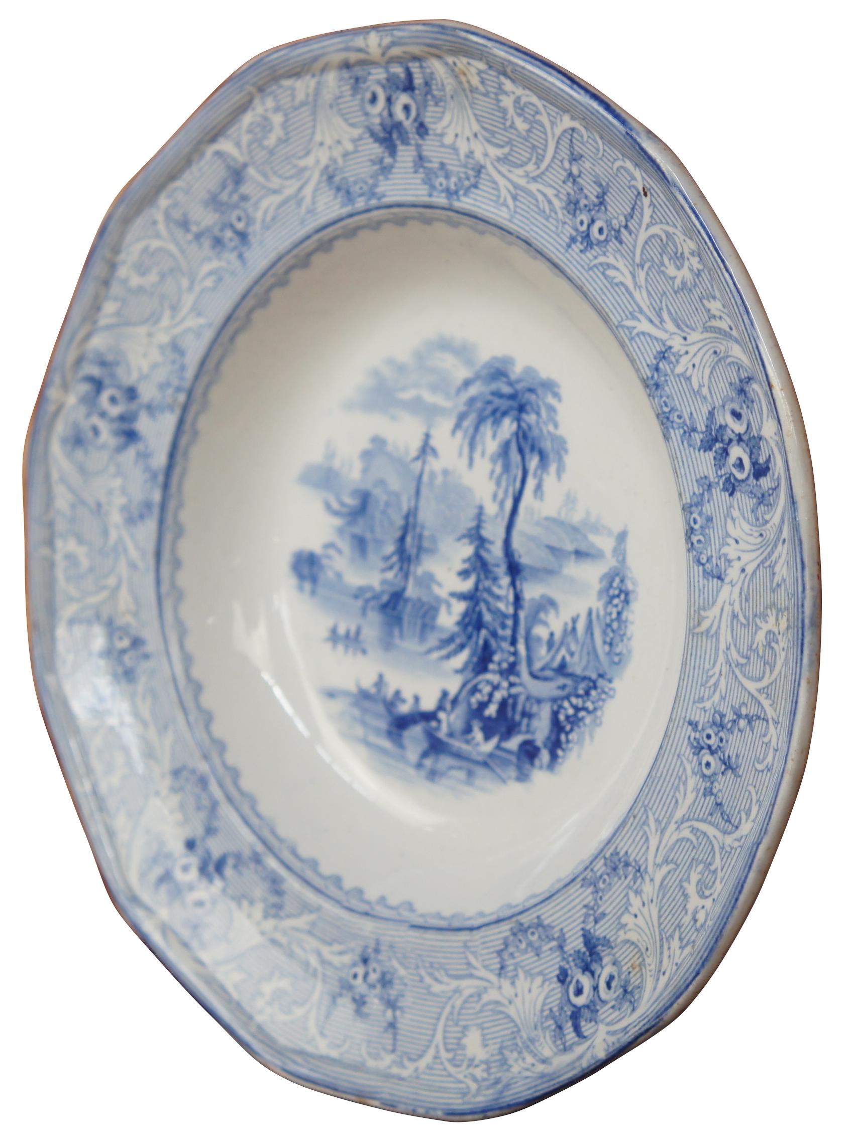 Victorian Antique 19th Century English Blue Ironstone Transferware Shallow Bowl Plate