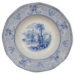 Antique 19th Century English Blue Ironstone Transferware Shallow Bowl Plate