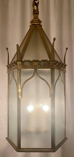 Antique 19th Century English Brass and Frosted Glass Lantern, circa 1890-1900
