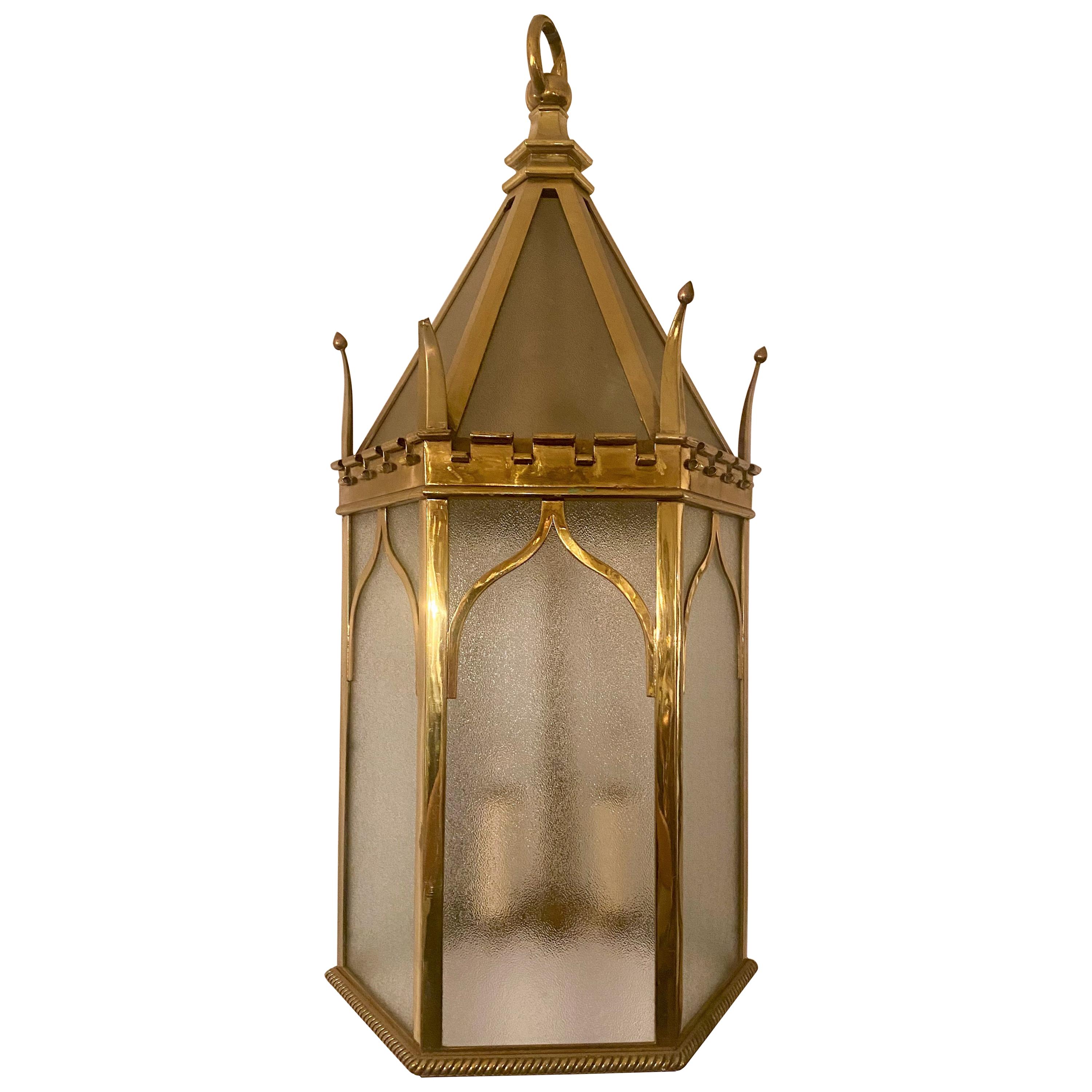 Antique 19th Century English Brass and Frosted Glass Lantern, circa 1890-1900 For Sale