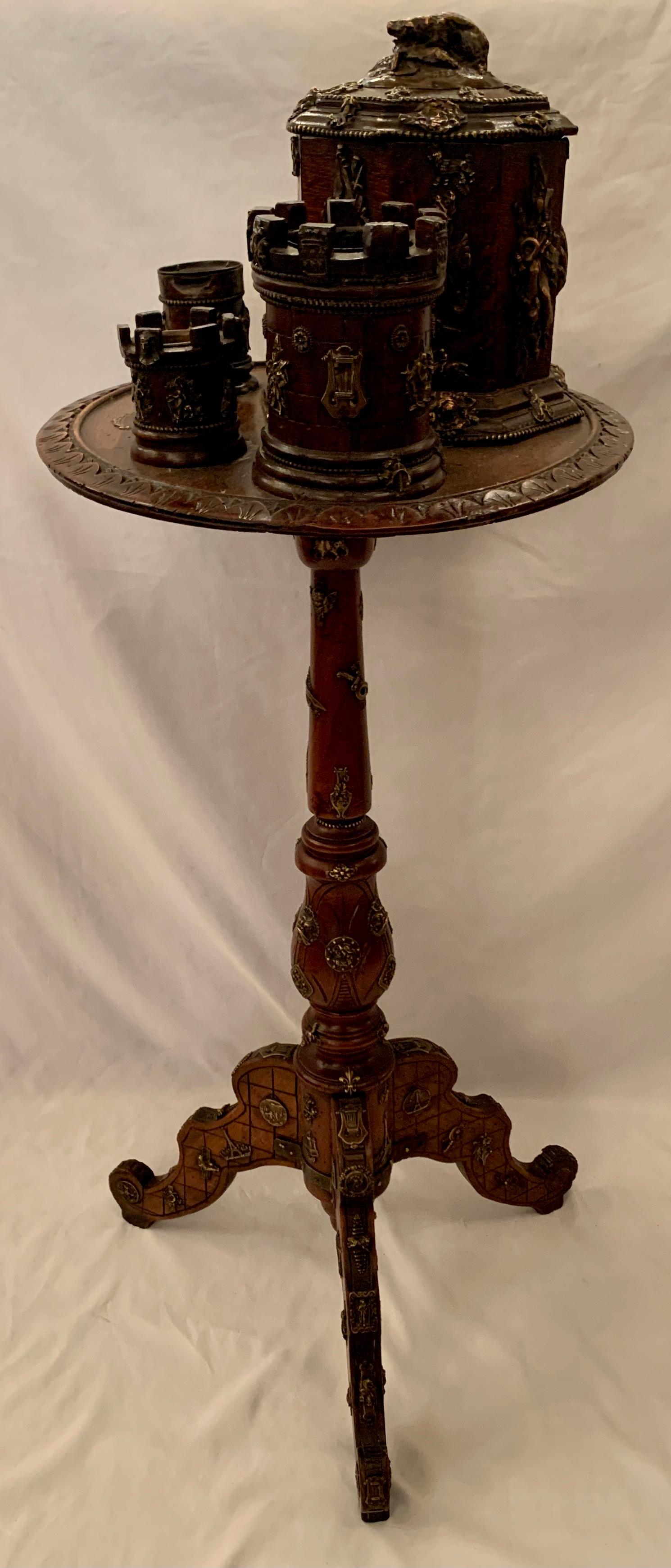 Rare antique 19th century English copper and brass mounted carved walnut smoker's table circa 1890-1900.