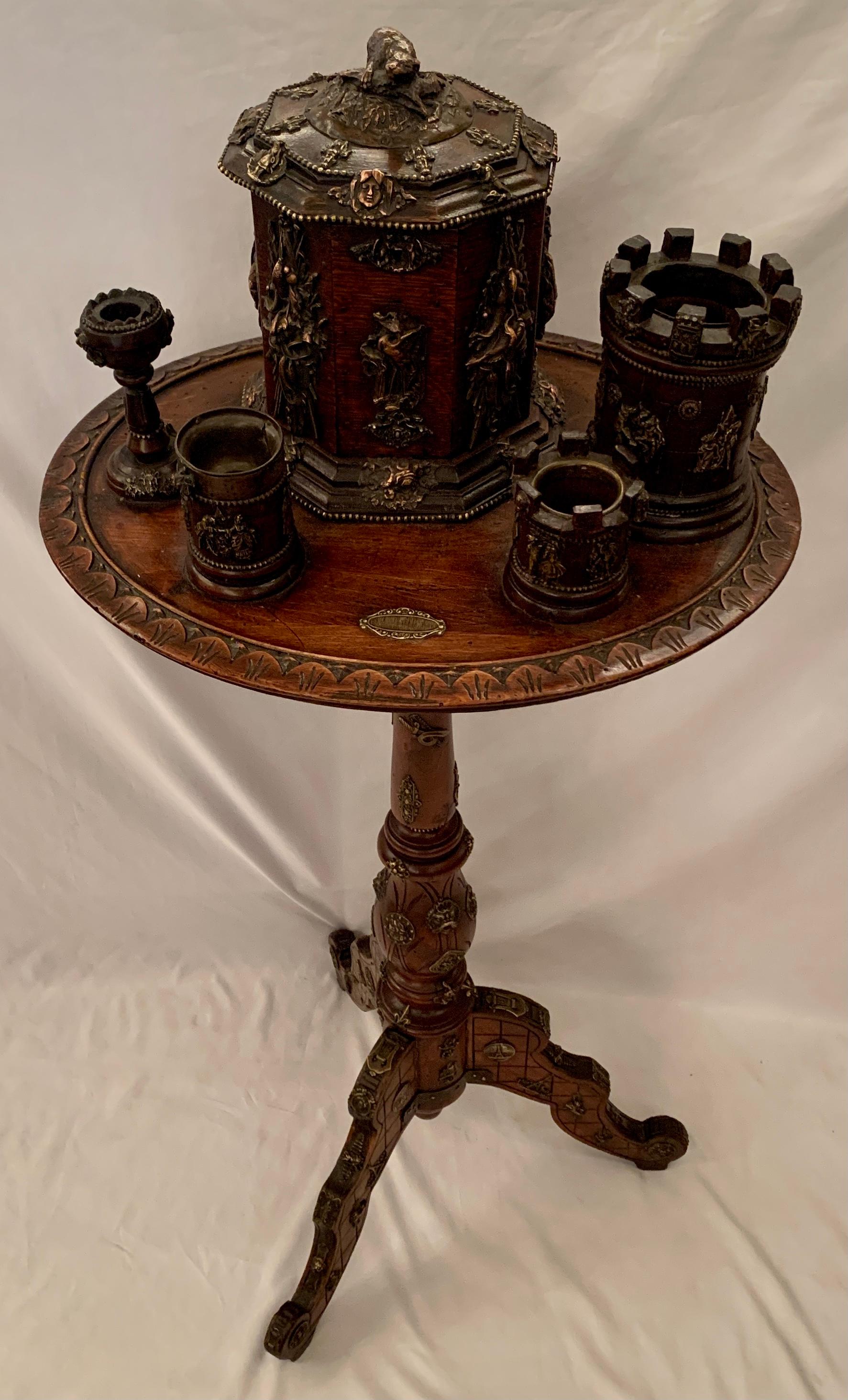 Antique 19th Century English Copper & Brass Mounted Carved Walnut Smoker's Table In Good Condition In New Orleans, LA