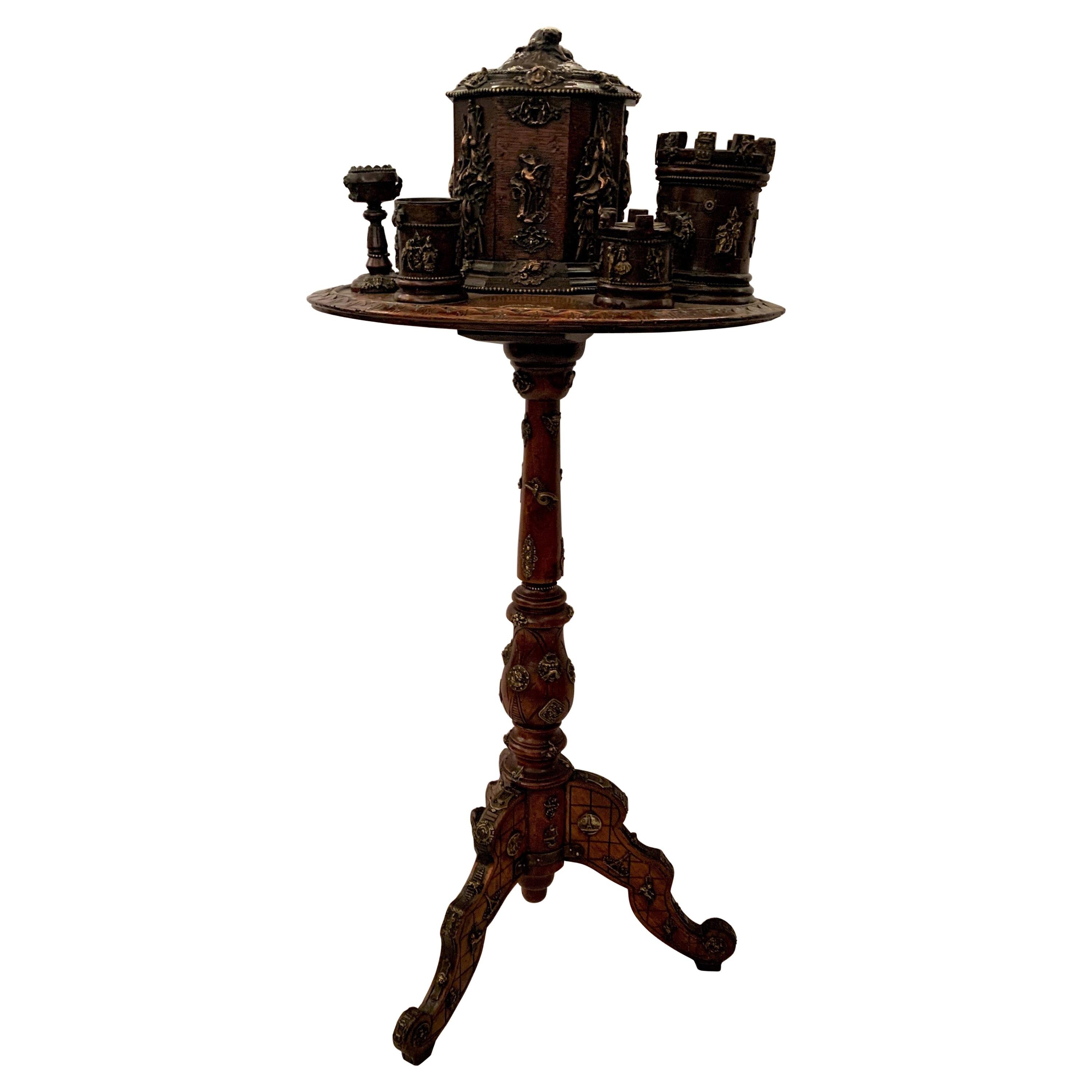 Antique 19th Century English Copper & Brass Mounted Carved Walnut Smoker's Table