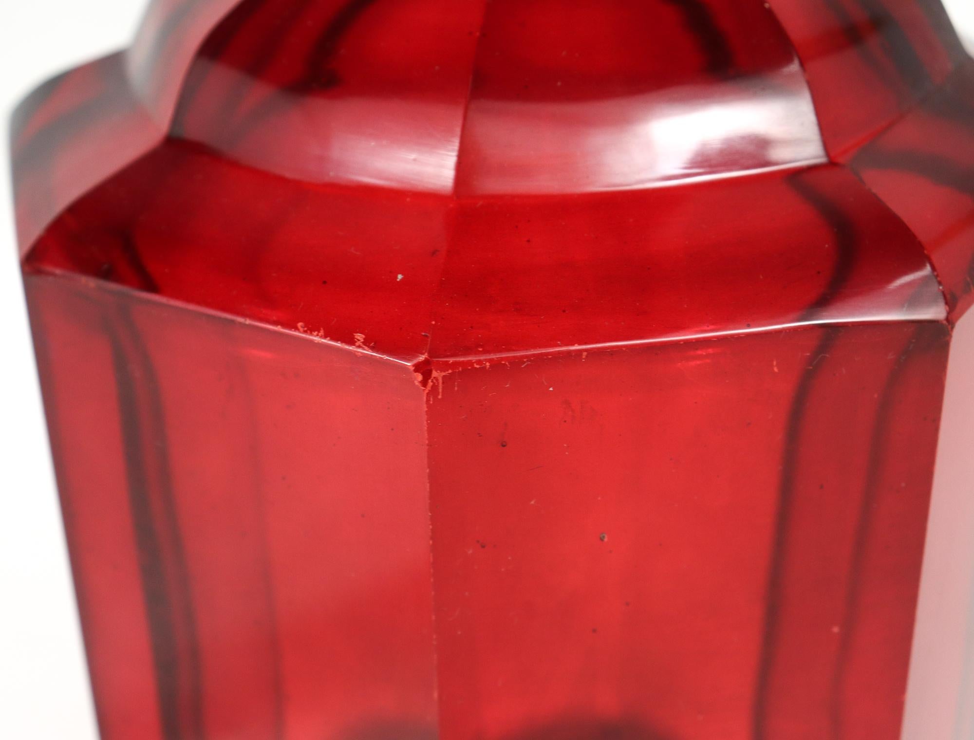 Antique 19th Century English Faceted Ruby Red Cut Glass Wine Decanter 6