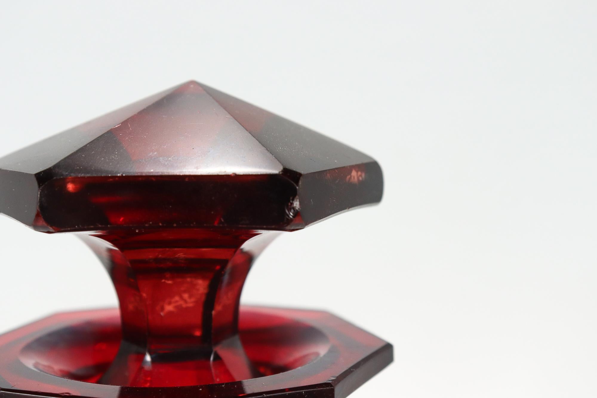 Antique 19th Century English Faceted Ruby Red Cut Glass Wine Decanter 7