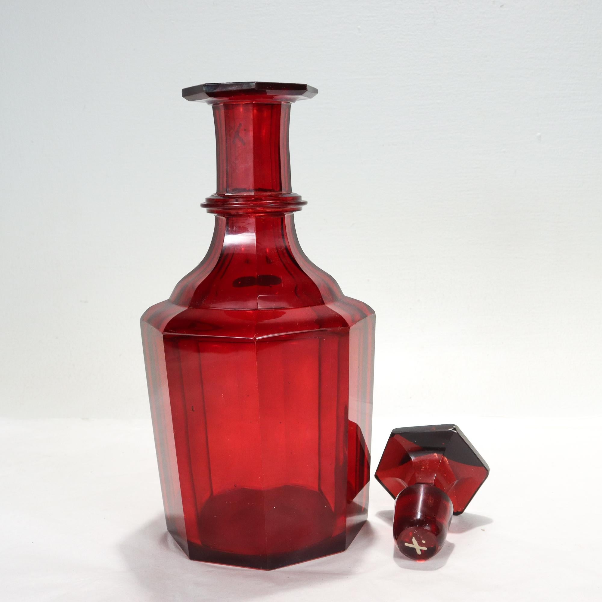 Antique 19th Century English Faceted Ruby Red Cut Glass Wine Decanter 9