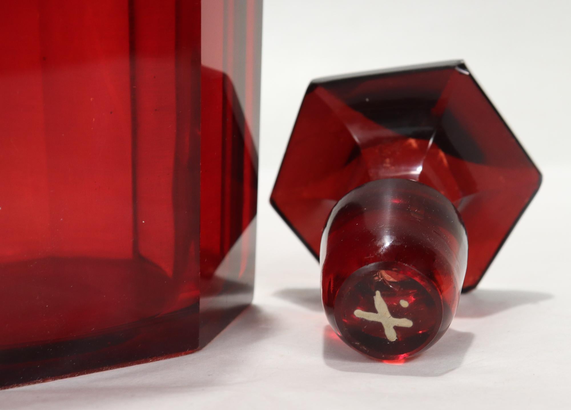 Antique 19th Century English Faceted Ruby Red Cut Glass Wine Decanter 11