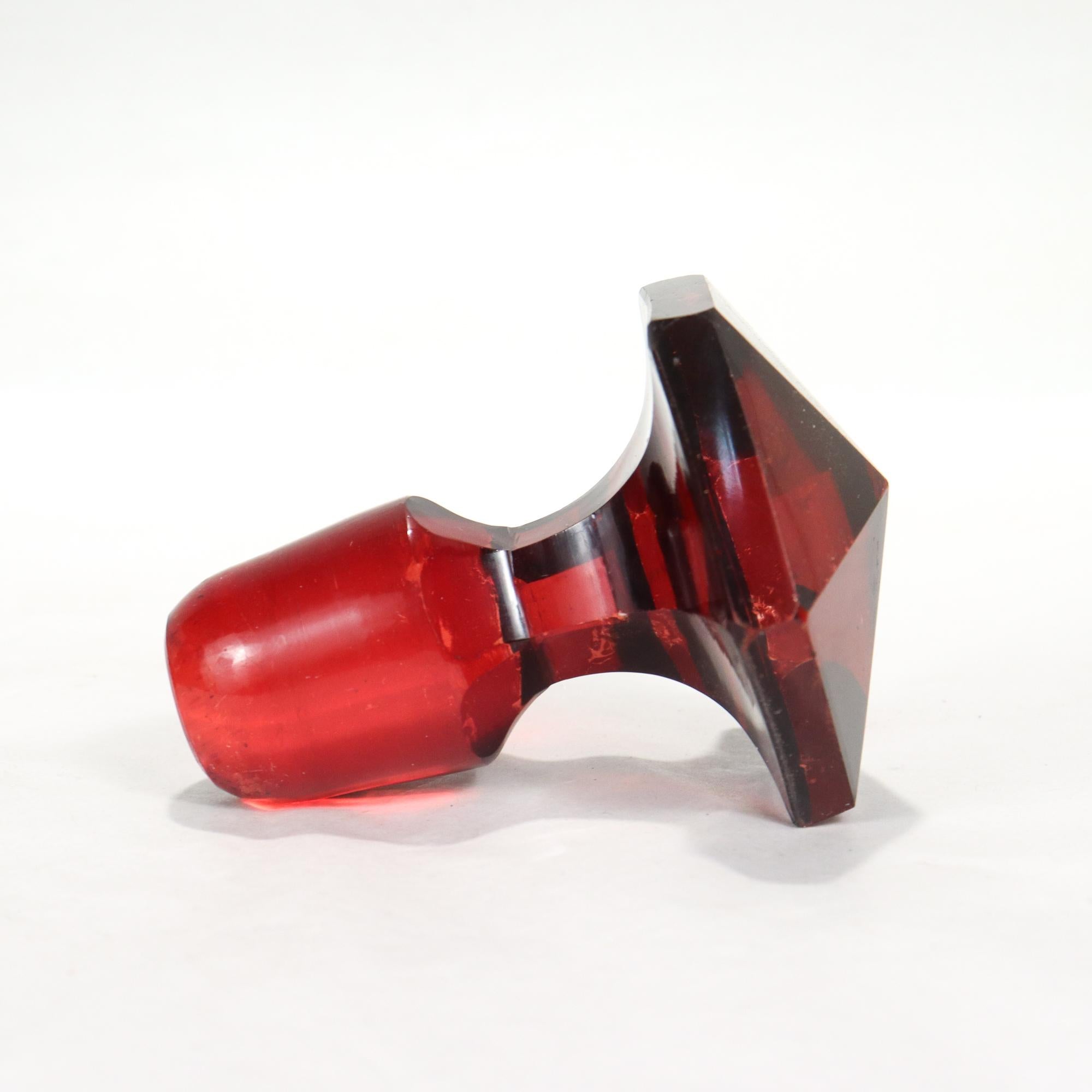 Antique 19th Century English Faceted Ruby Red Cut Glass Wine Decanter 12