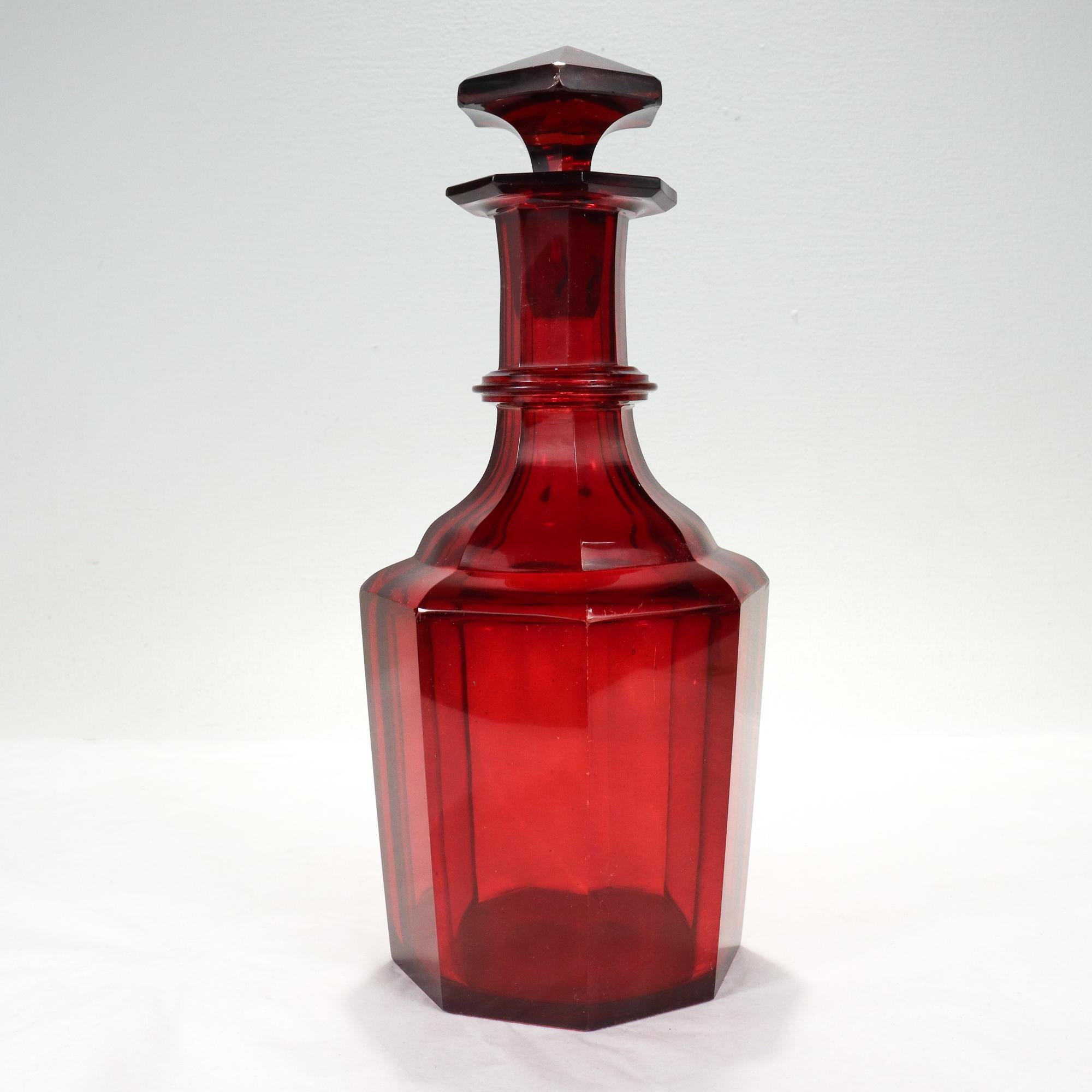 Victorian Antique 19th Century English Faceted Ruby Red Cut Glass Wine Decanter  For Sale