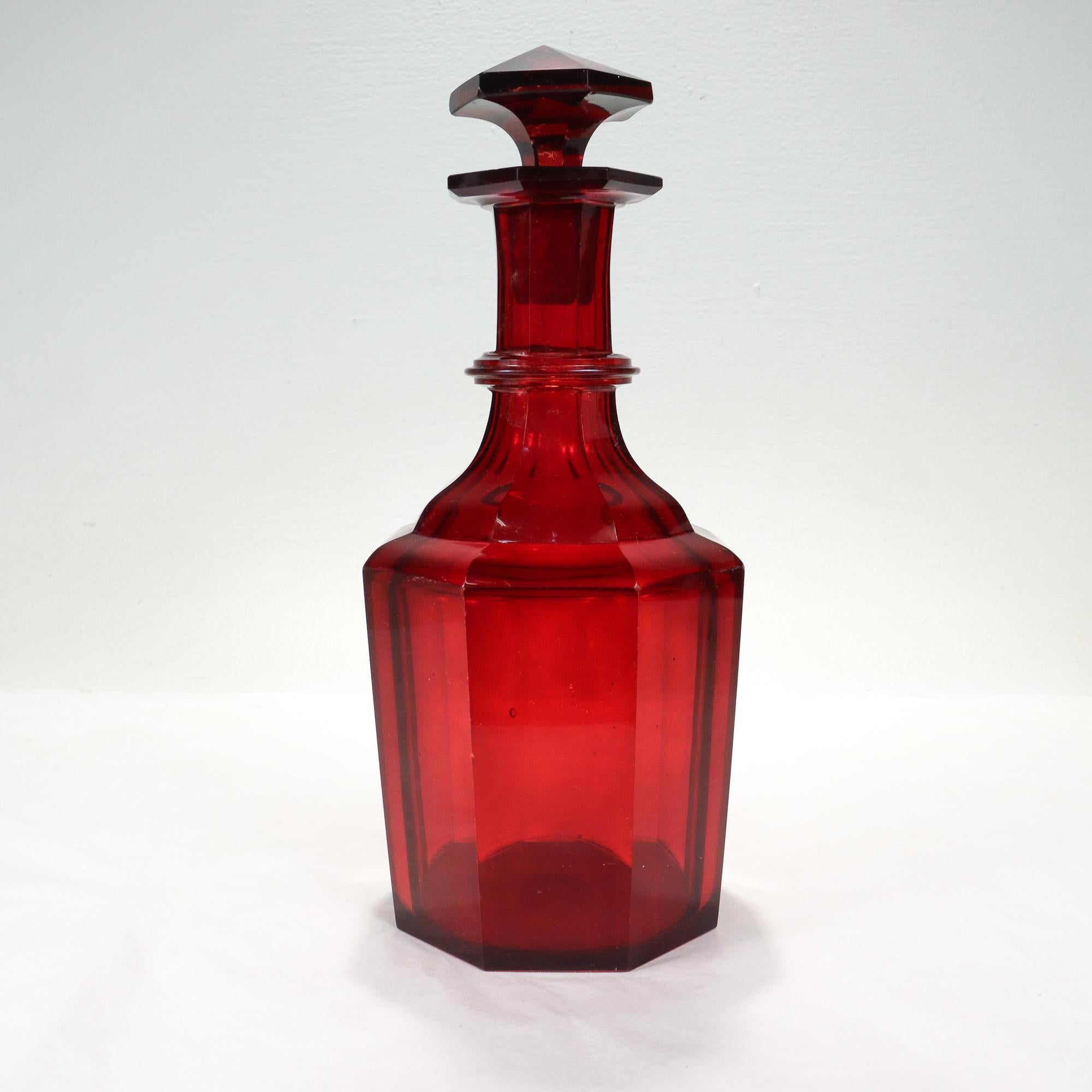 British Antique 19th Century English Faceted Ruby Red Cut Glass Wine Decanter  For Sale