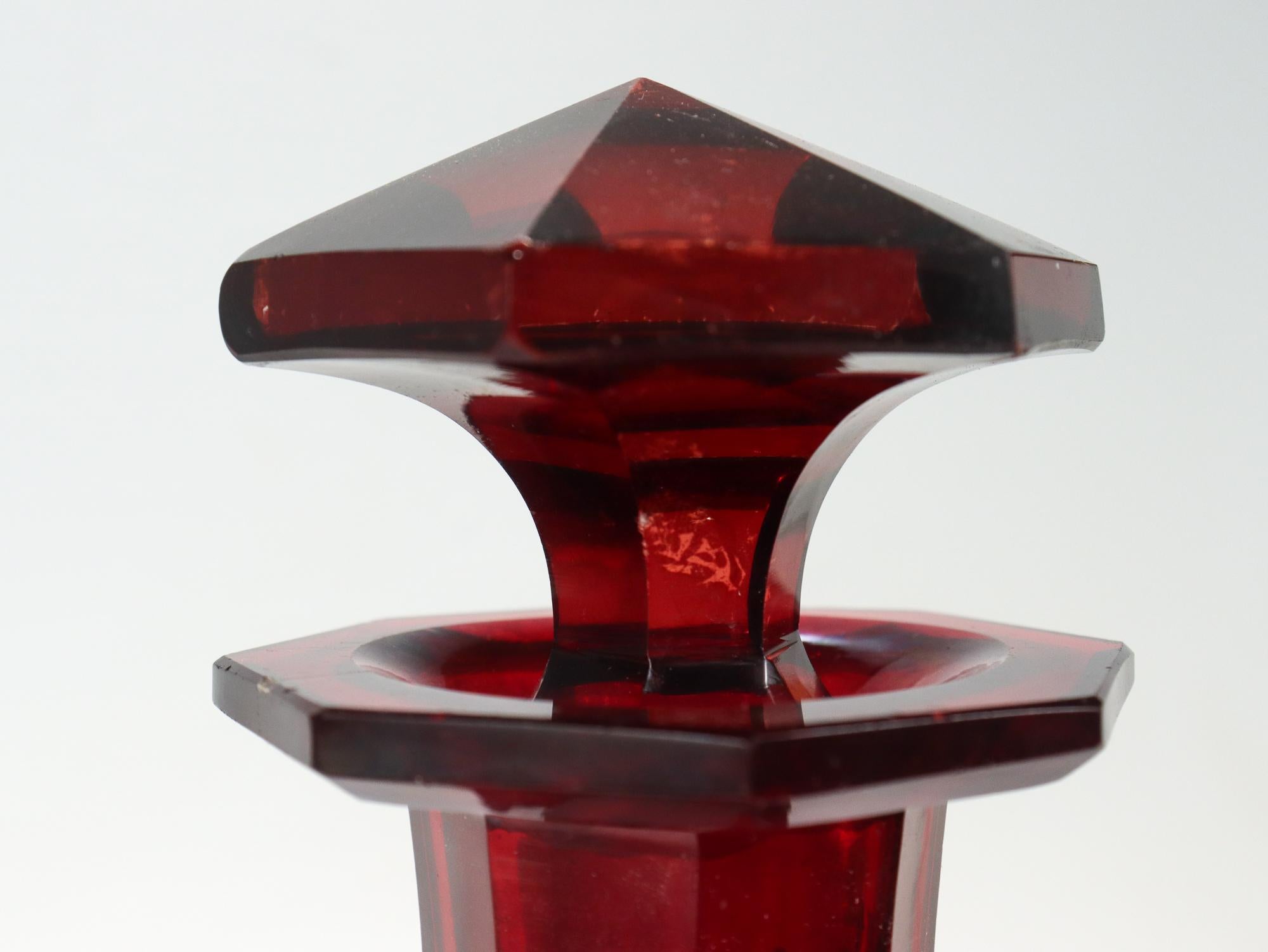 Antique 19th Century English Faceted Ruby Red Cut Glass Wine Decanter  For Sale 1