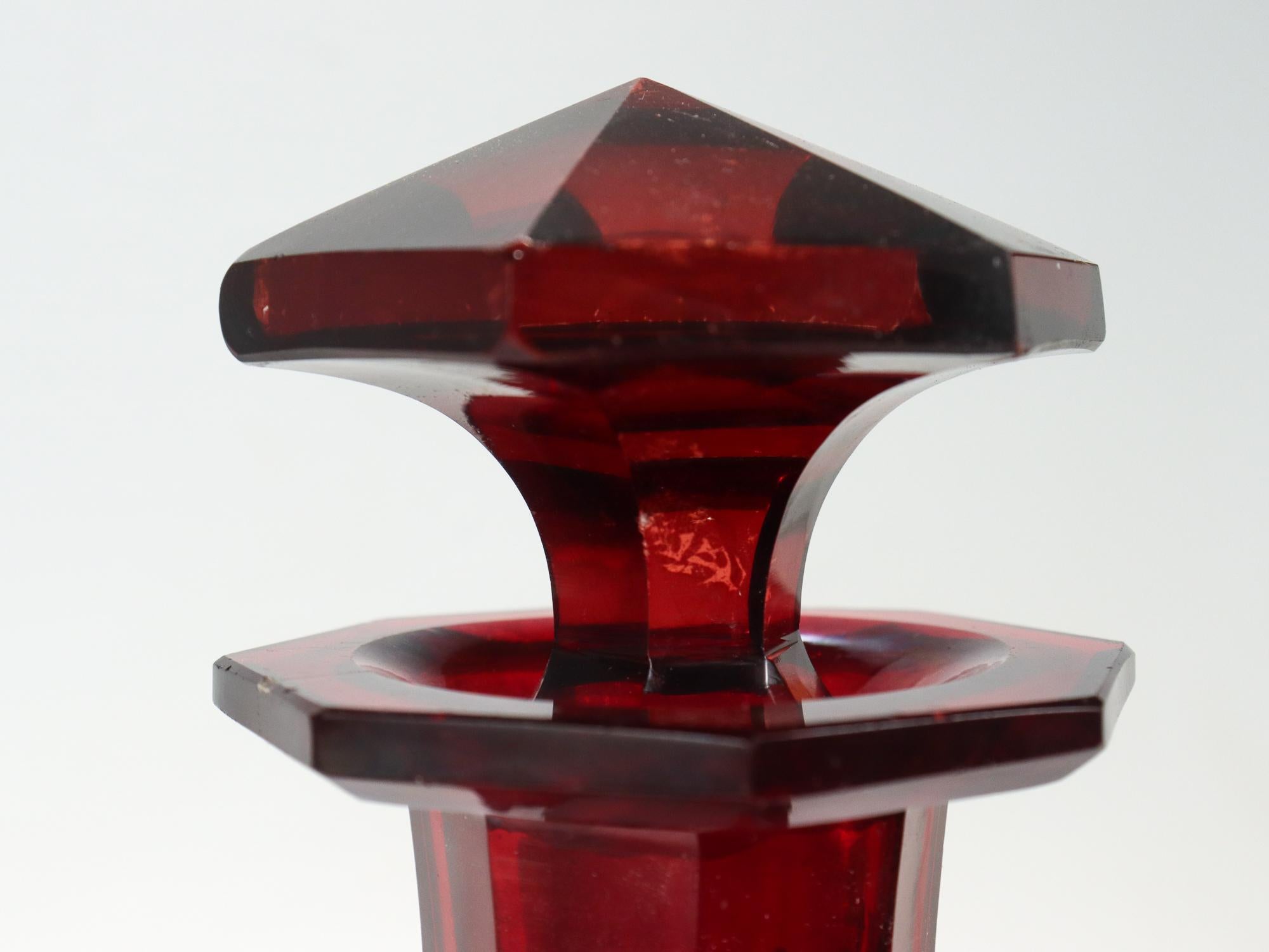 Antique 19th Century English Faceted Ruby Red Cut Glass Wine Decanter 1