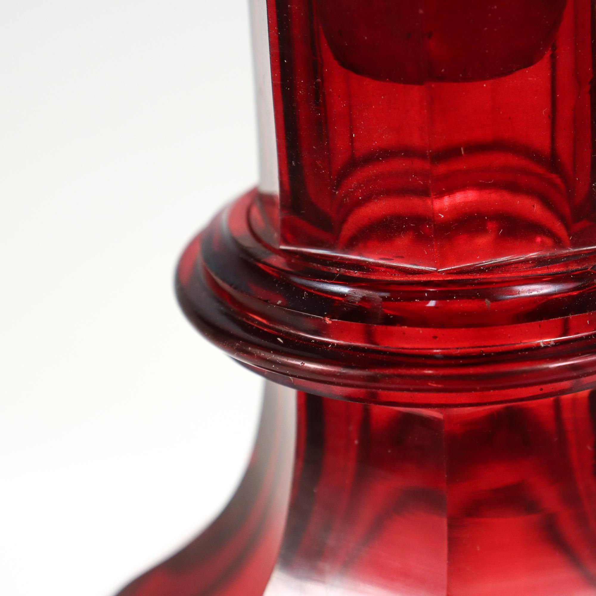 Antique 19th Century English Faceted Ruby Red Cut Glass Wine Decanter 2