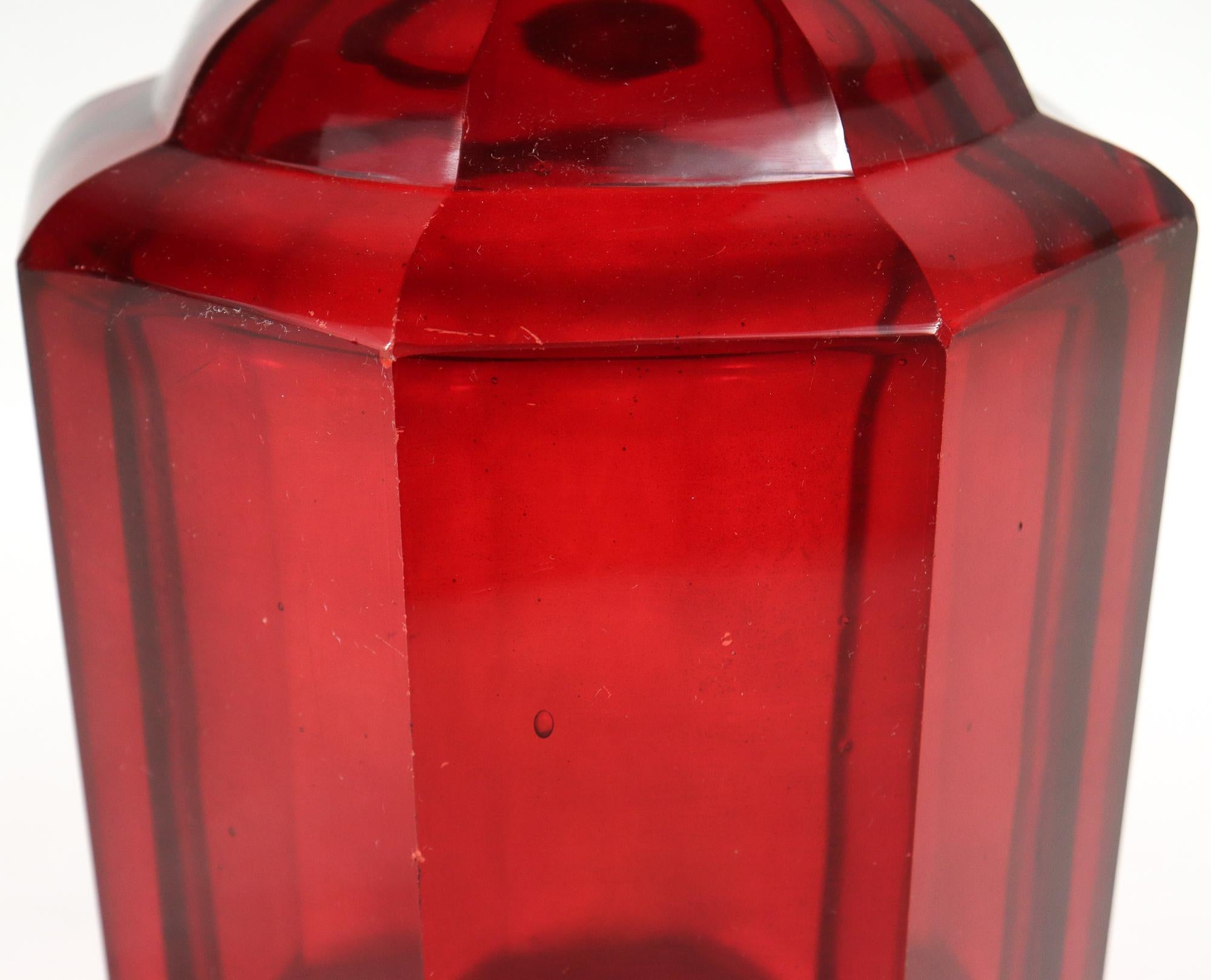 Antique 19th Century English Faceted Ruby Red Cut Glass Wine Decanter 3