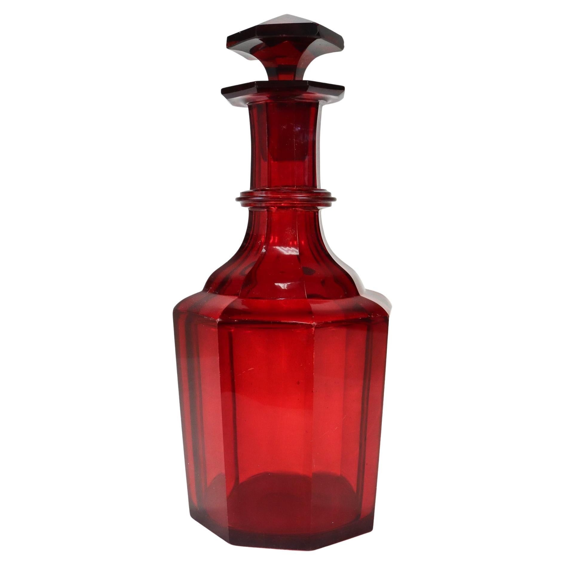 Antique 19th Century English Faceted Ruby Red Cut Glass Wine Decanter  For Sale
