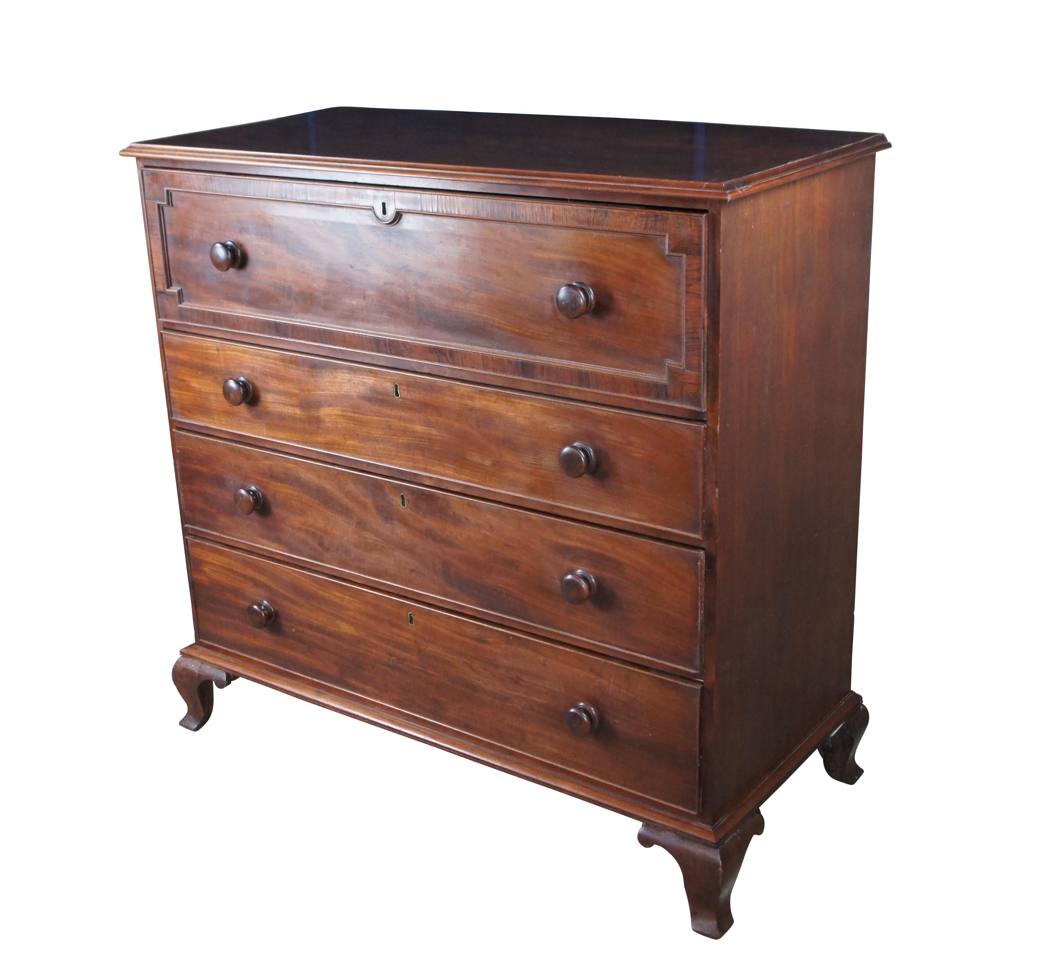 Antique 19th Century Georgian mahogany chest of drawers. Features four drawers with a large cross banded upper drawer. Drawers are made from pine, hand dovetailed and include escutcheons. The case is supported by ogee bracket feet.

Dimensions:
48