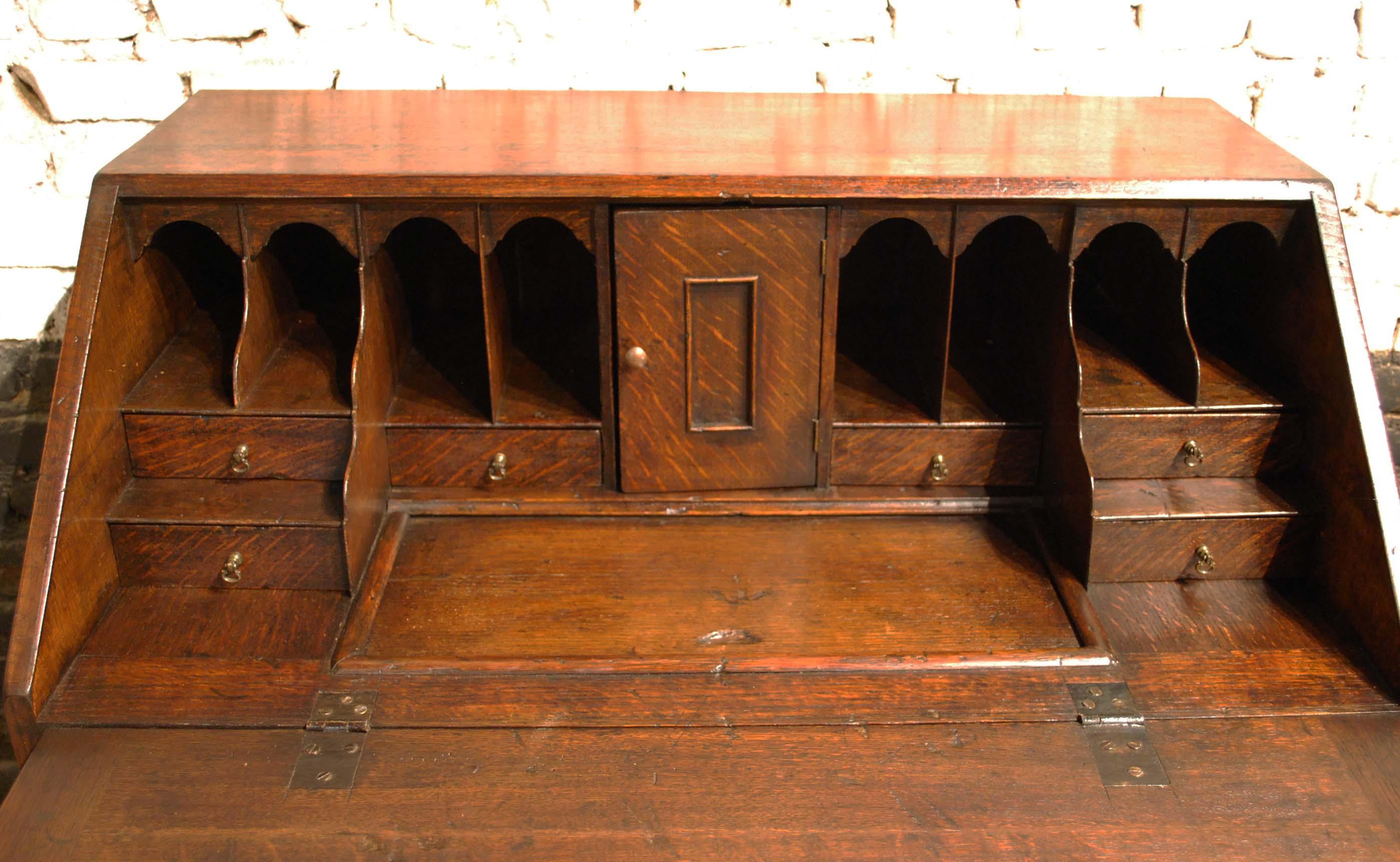 Brass Antique 19th Century English Georgian Solid Oak Slant Front Desk or Secretary