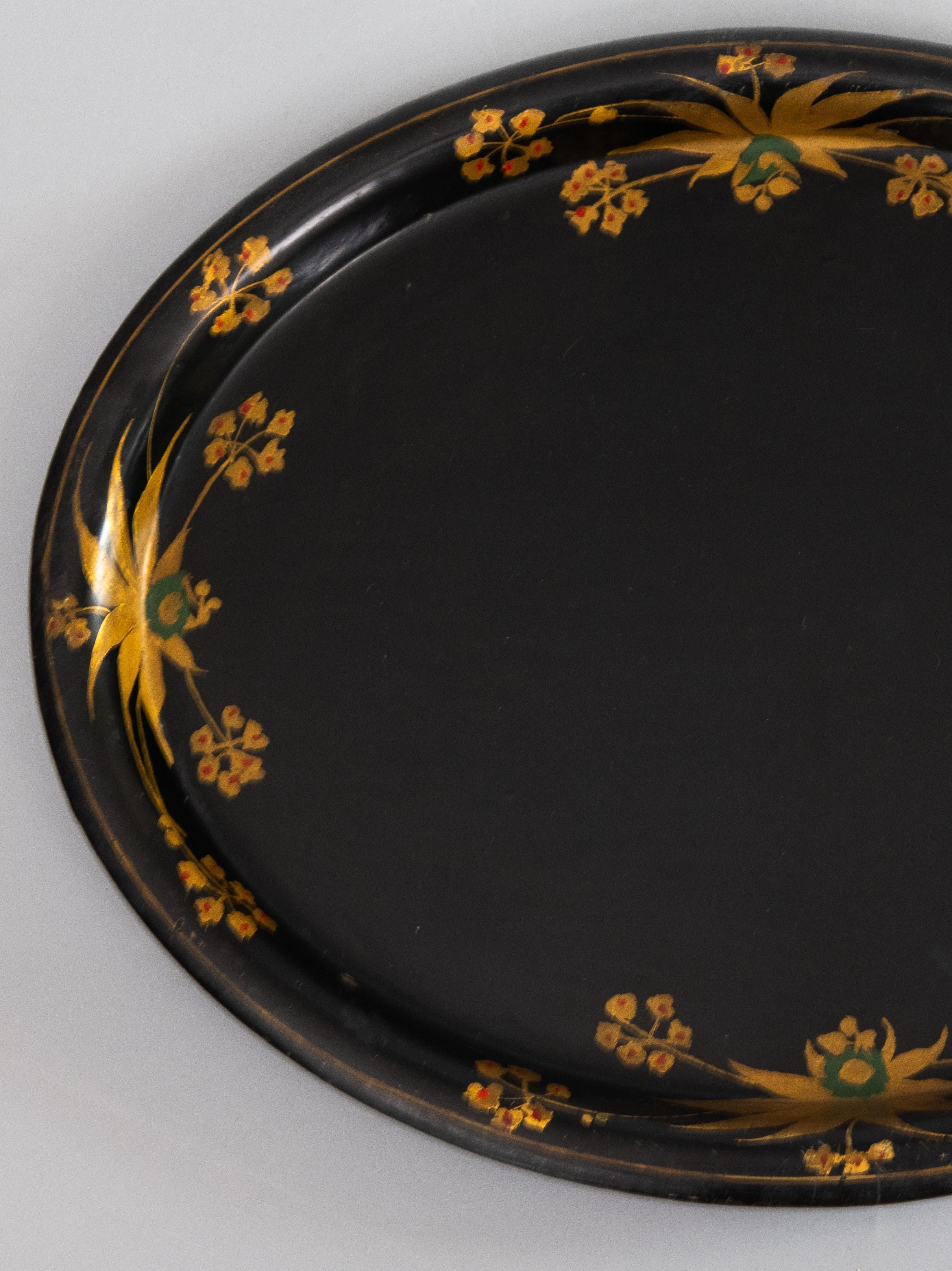 British Antique 19th Century English Hand Painted Black & Gilt Floral Tole Tray For Sale