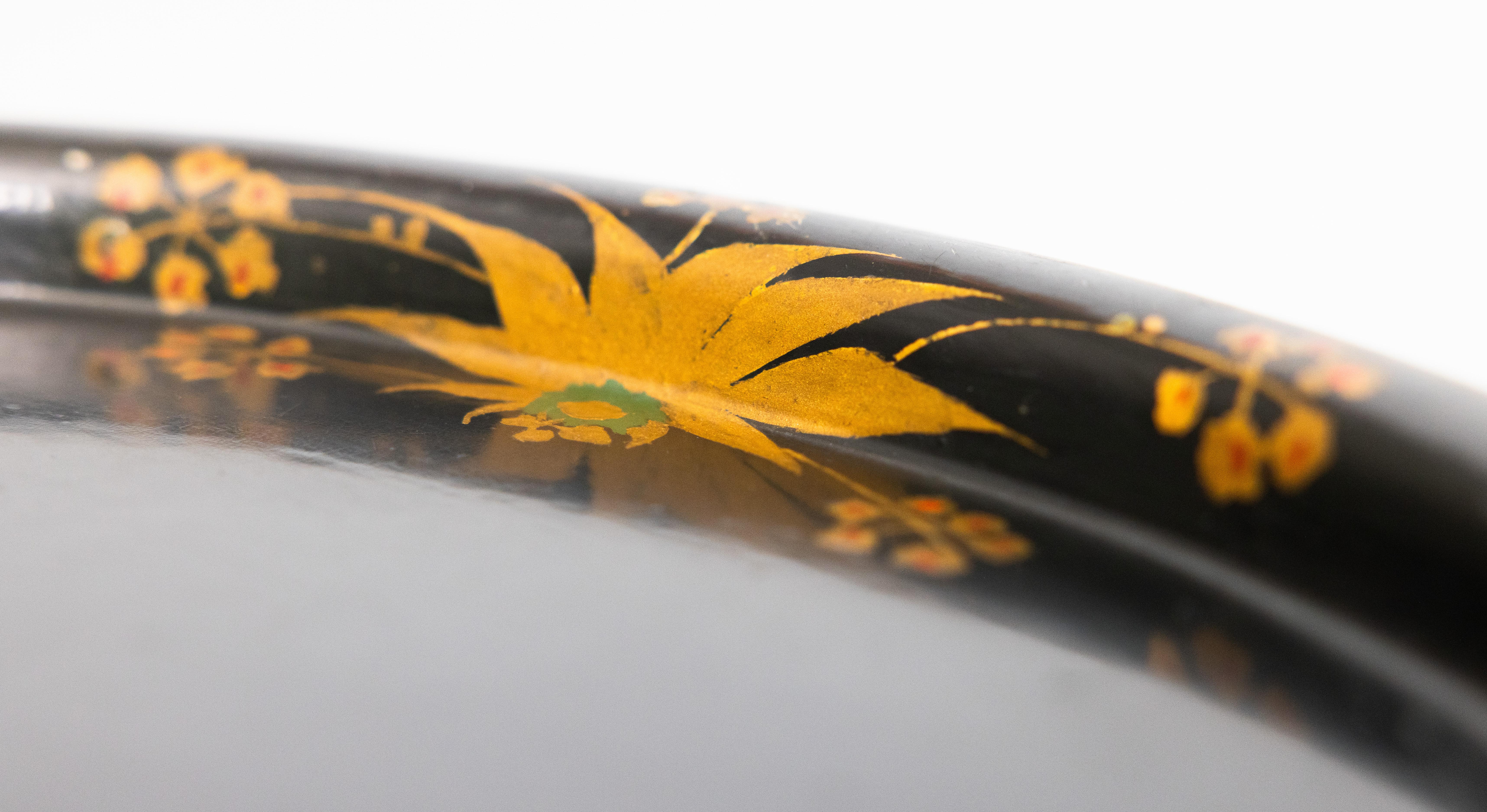 Lacquered Antique 19th Century English Hand Painted Black & Gilt Floral Tole Tray For Sale