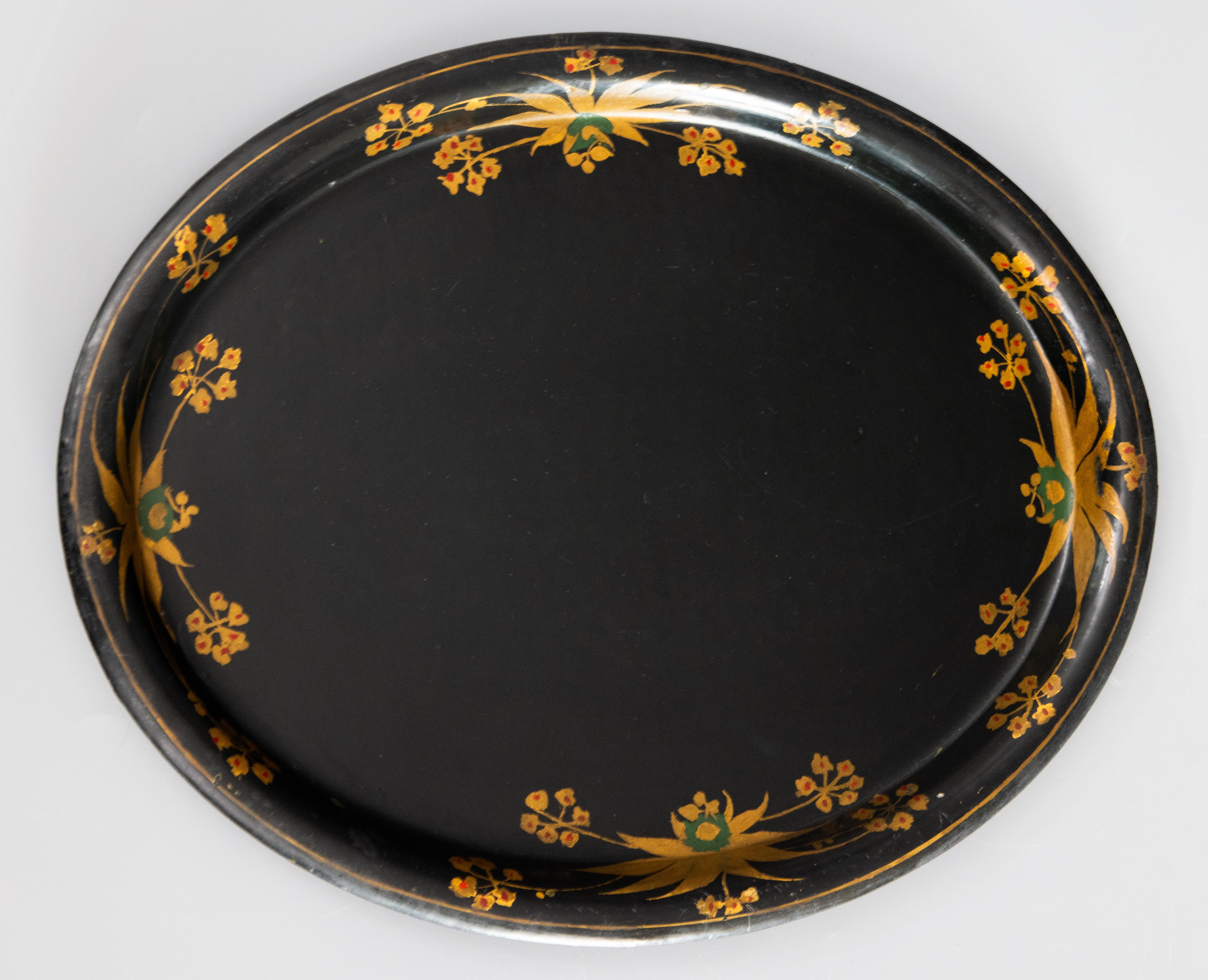 Antique 19th Century English Hand Painted Black & Gilt Floral Tole Tray For Sale 1