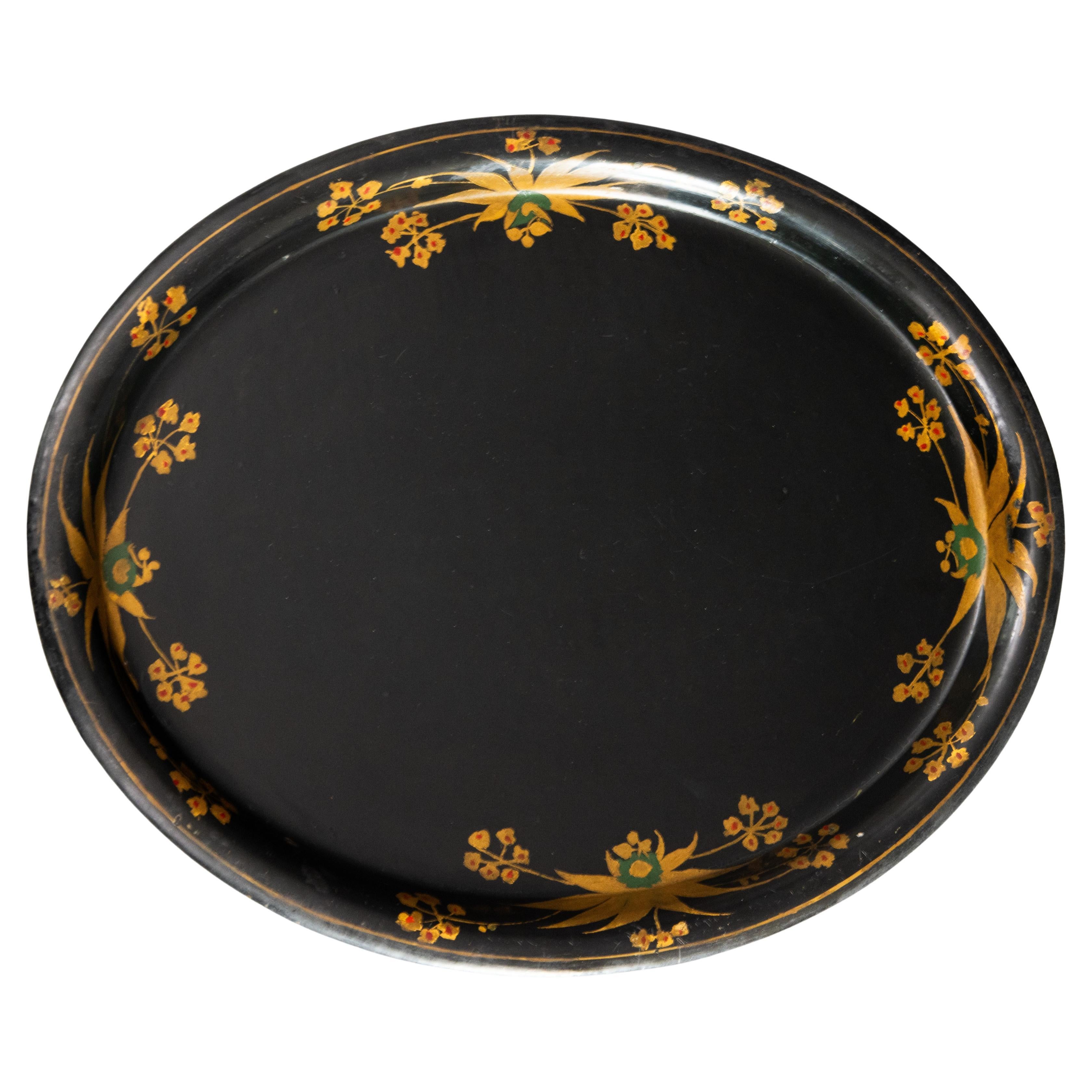 Antique 19th Century English Hand Painted Black & Gilt Floral Tole Tray For Sale