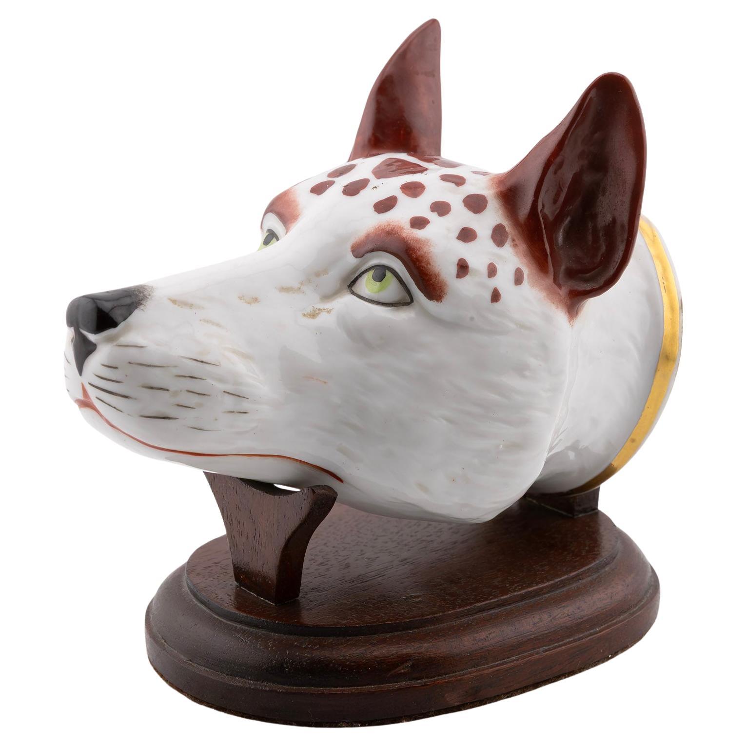 Ancienne tasse à étrier en porcelaine à tête de chien de chasse du 19e siècle avec support