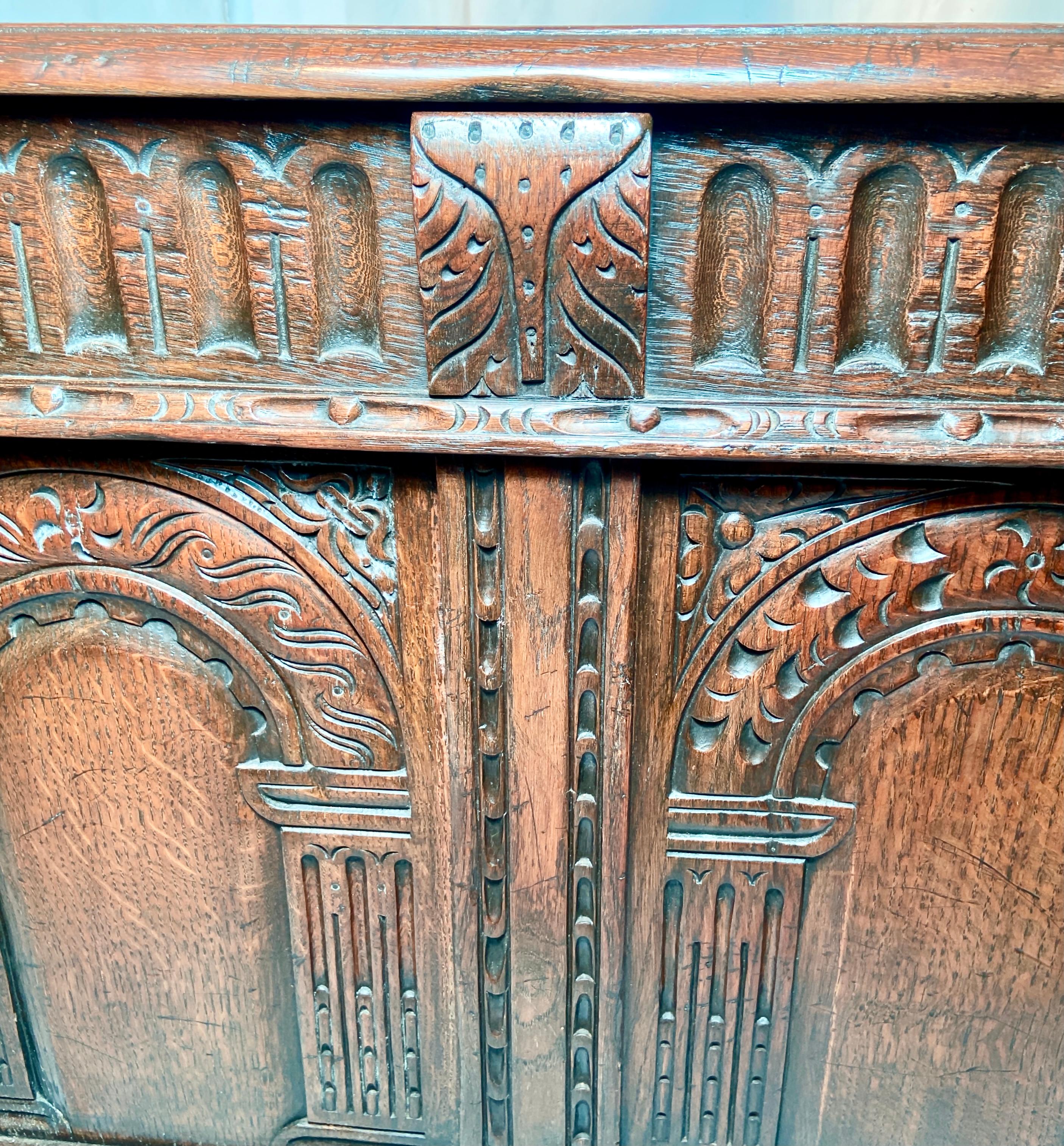 Antique 19th Century English Jacobean Carved Oak Chest For Sale 1