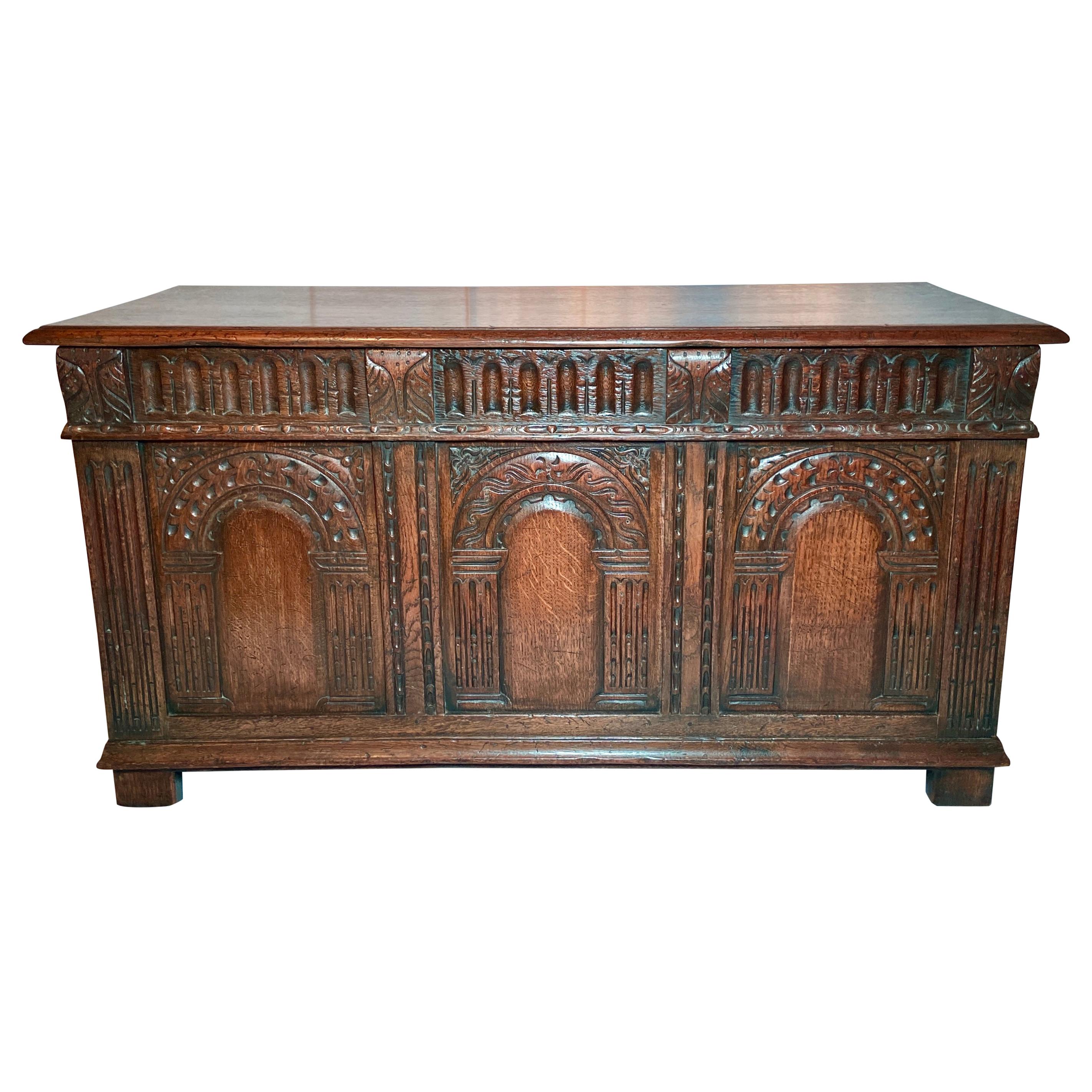 Antique 19th Century English Jacobean Carved Oak Chest For Sale