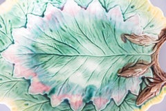 Antique 19th Century English Majolica Green Leaf Handled Plate Platter
