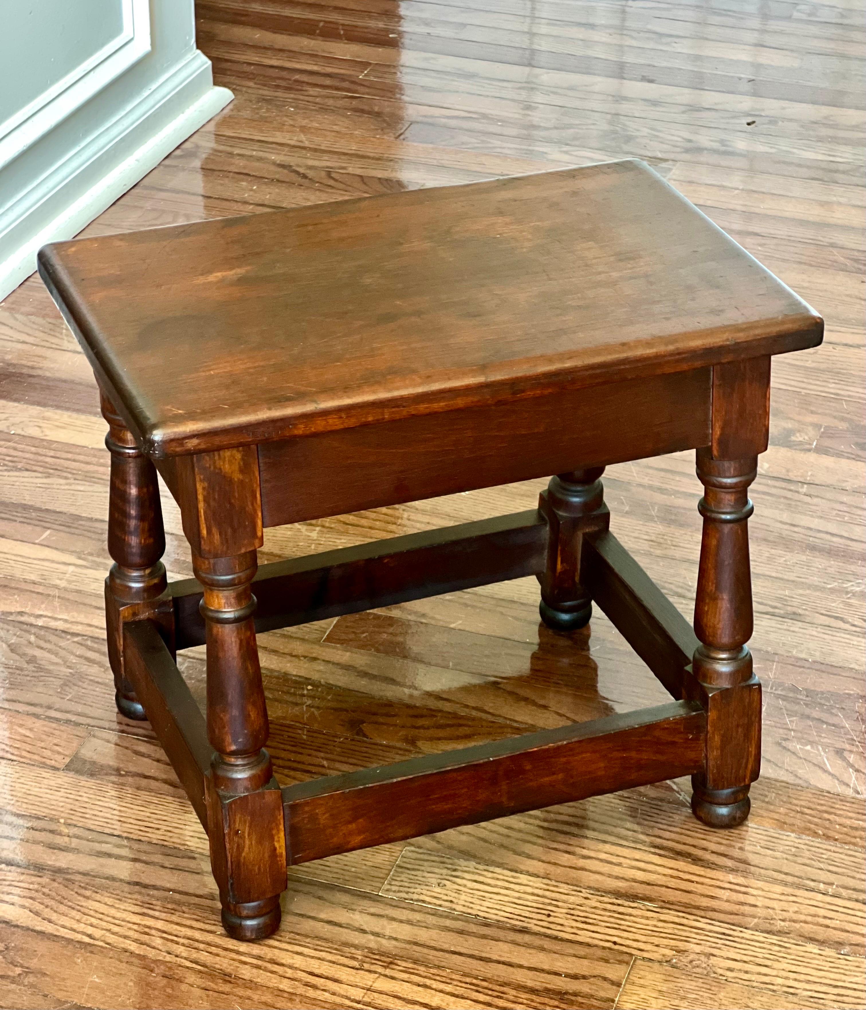 Antique English oak joint stool, England, circa 1880's.

Lovely oak stool with pegged mortise-and-tenon joints and splayed legs.  It features solid columnar turnings resembling the original design of household stools from the 17th century.  The