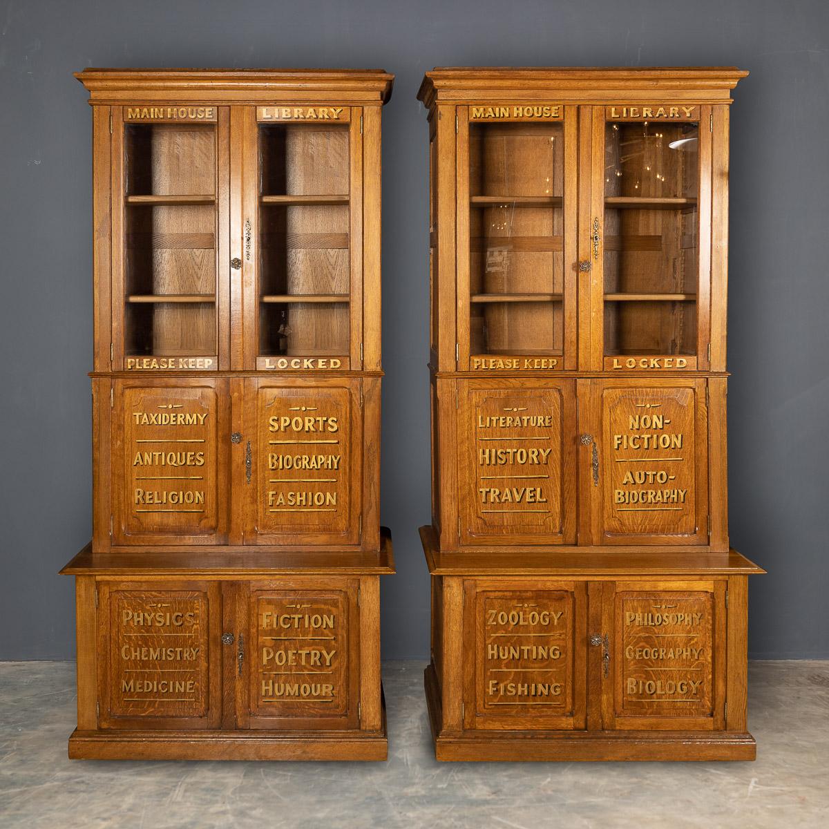 Antique late-19th century pair of Belgian oak library cabinets, with working locks and keys. Beautiful pieces of period furniture, each door is signed, with various country pursuits and hobbies, a very practical and a truly wonderful conversation