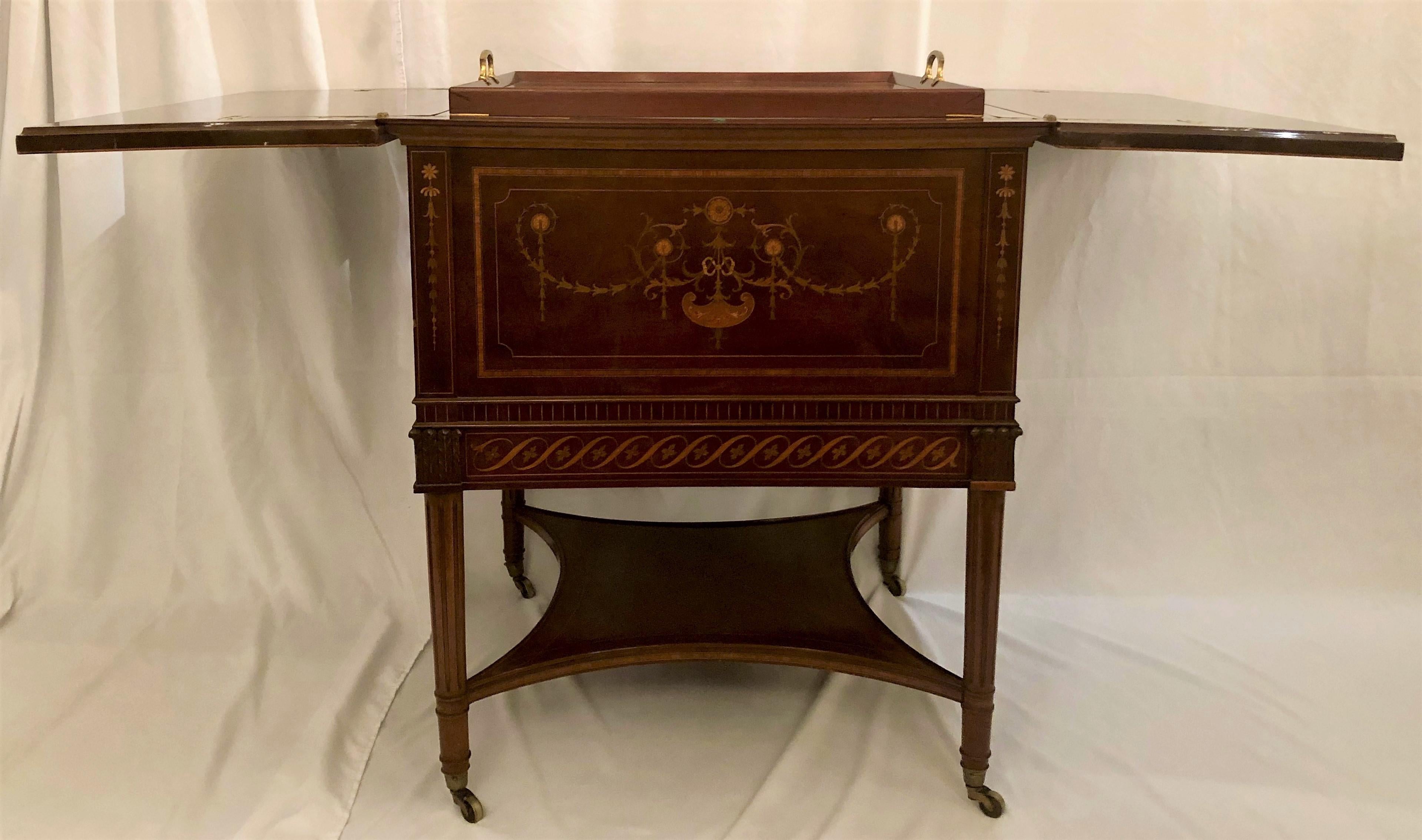 Glass Antique 19th Century English Satinwood Inlay Hideaway or Surprise Bar on Casters For Sale
