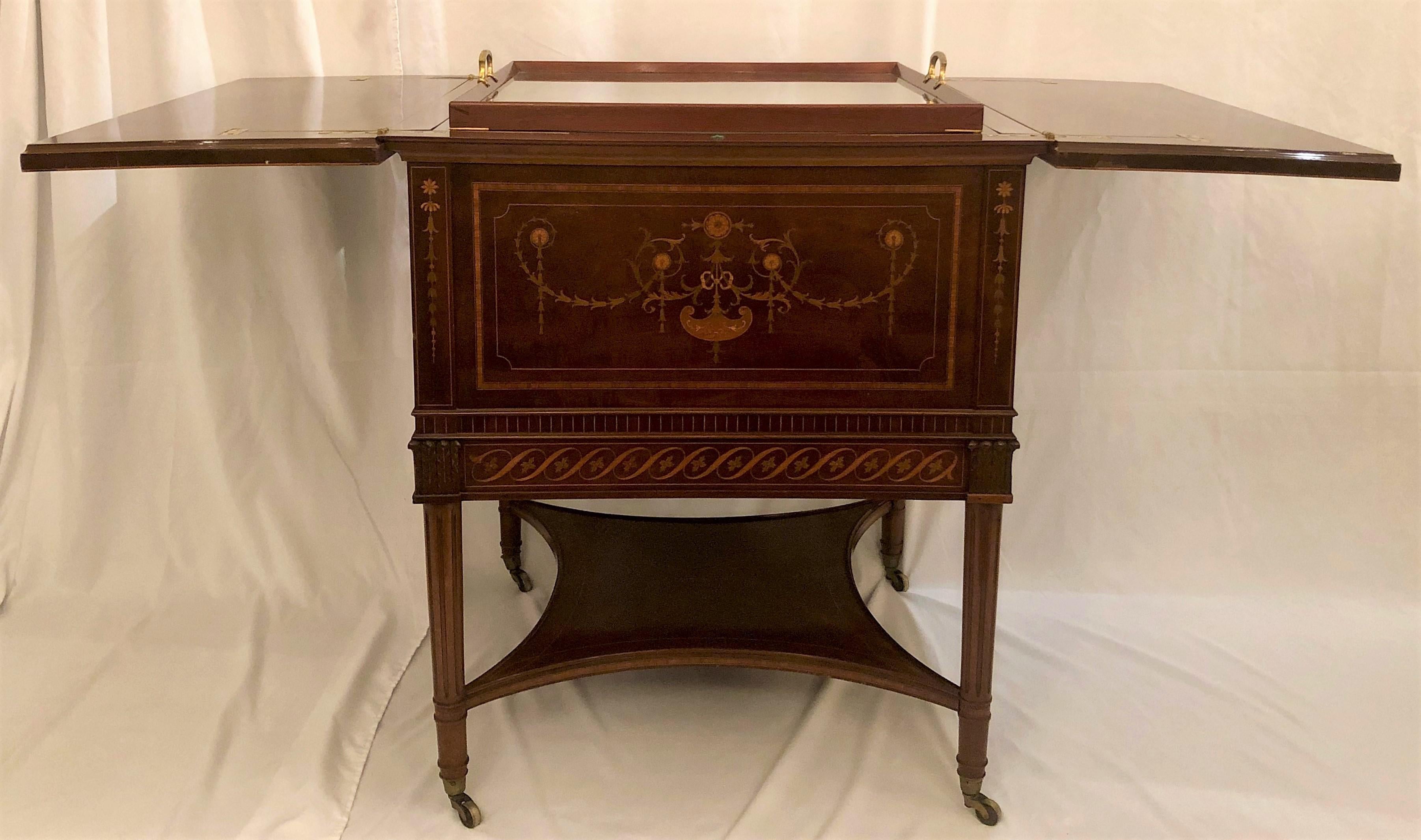 Antique 19th Century English Satinwood Inlay Hideaway or Surprise Bar on Casters For Sale 1