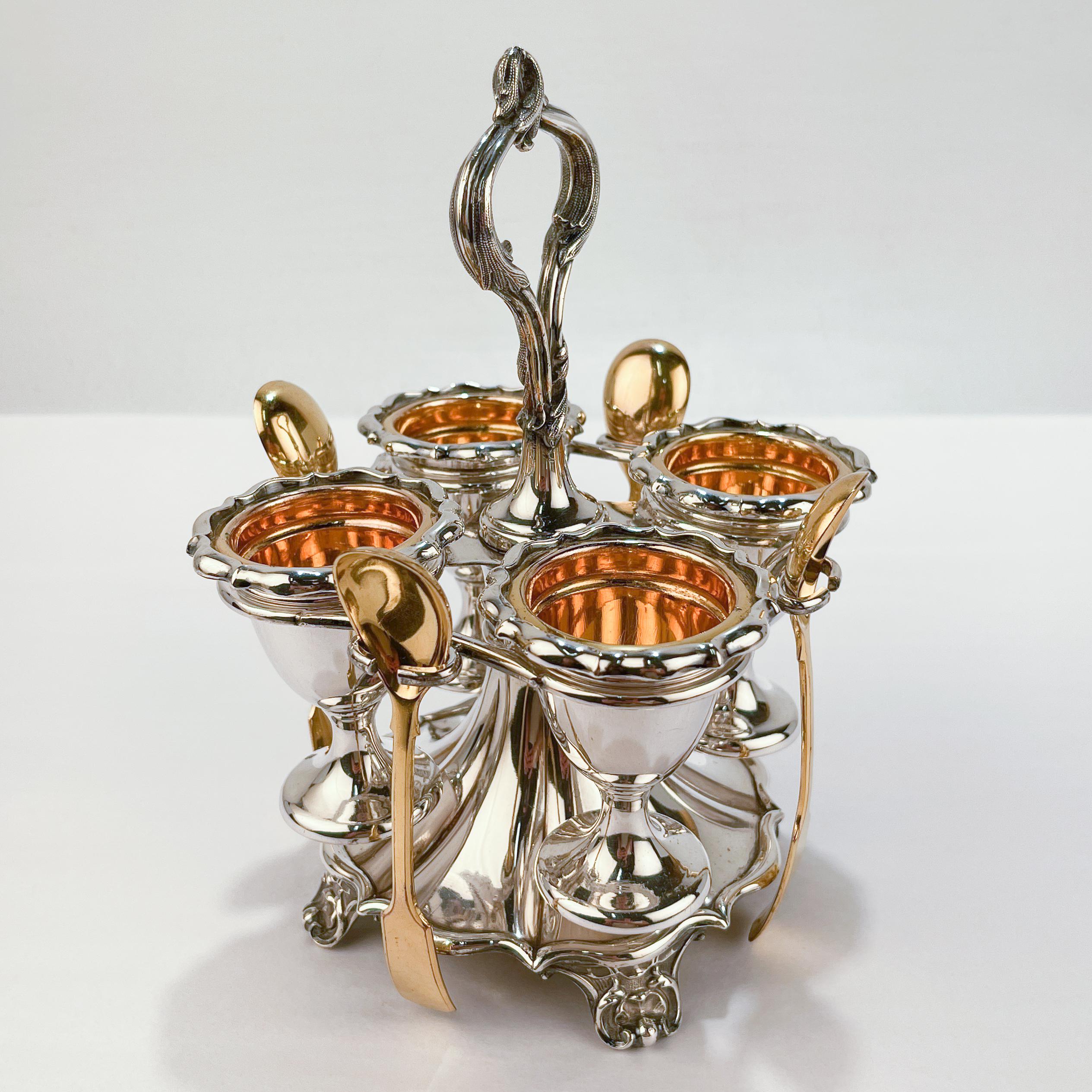 Gilt Antique 19th Century English Silver Plated Egg Cups and Stand For Sale