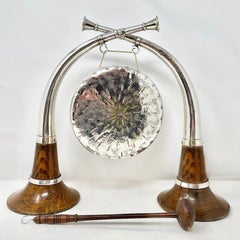 Antique 19th Century English Silvered Bronze & Oak "Hunting Horn" Gong, Ca. 1890