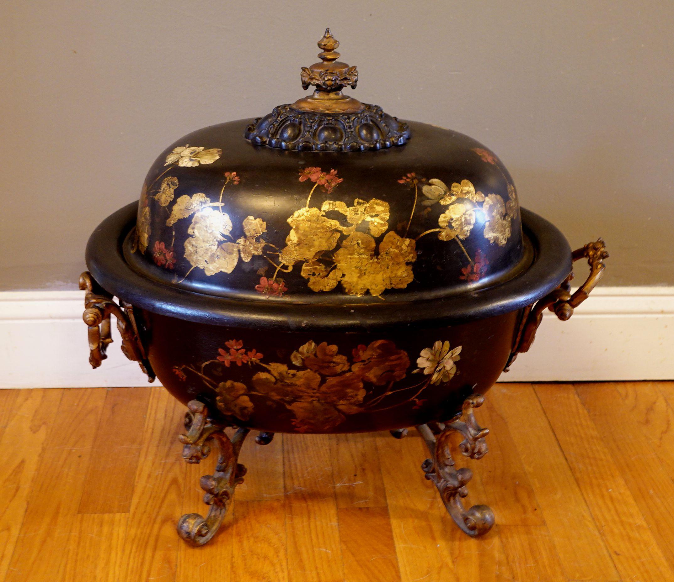 Hand-Crafted Antique 19th Century English Tole Lidded Coal Hod For Sale