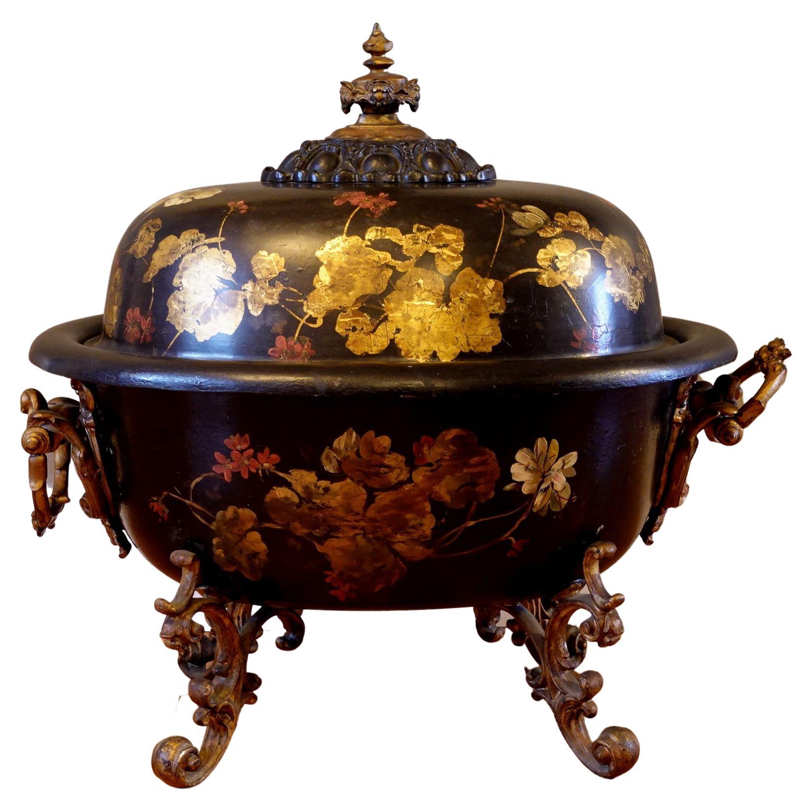 Antique 19th Century English Tole Lidded Coal Hod For Sale