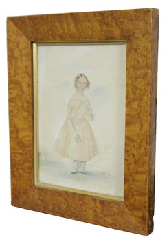 Antique 19th Century English Watercolor Portrait of a Young Girl Burl Frame