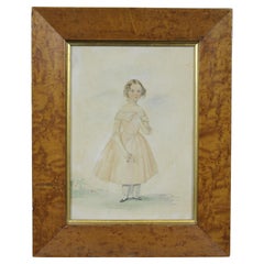 Antique 19th Century English Watercolor Portrait of a Young Girl Burl Frame