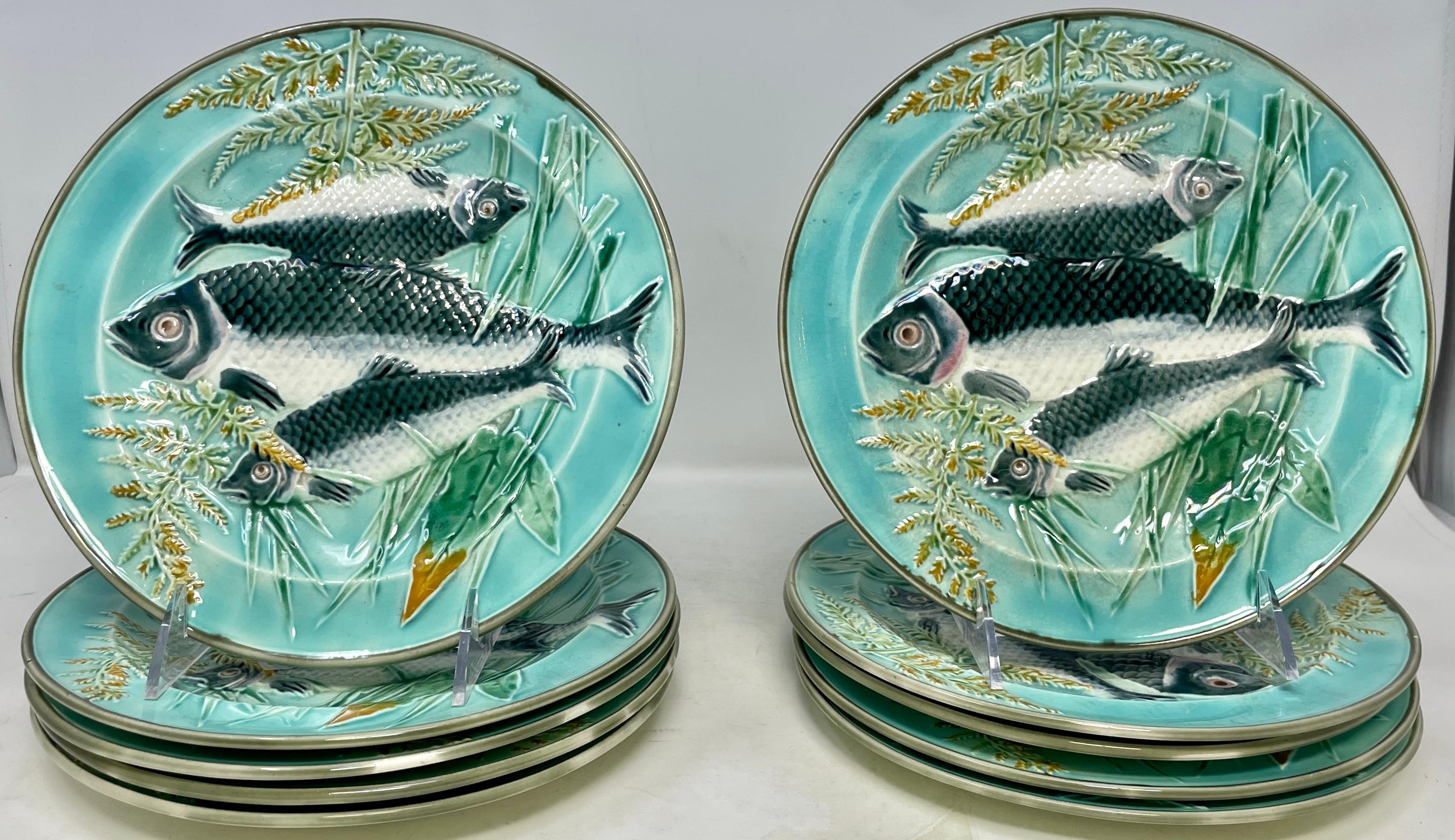Antique 19th Century English Wedgwood Majolica Fish Set, 1 Platter and 10 Plates 7