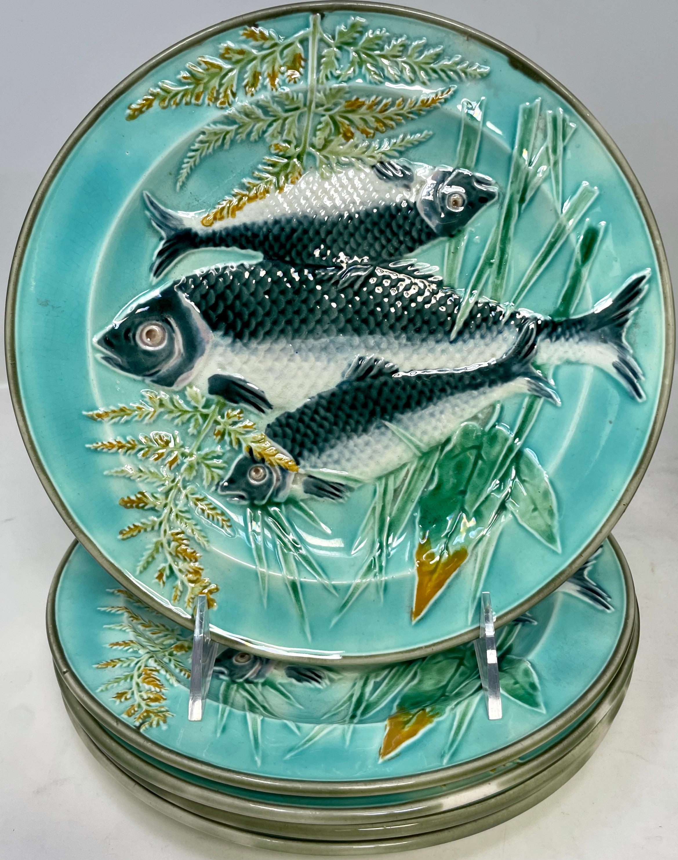 Antique 19th Century English Wedgwood Majolica Fish Set, 1 Platter and 10 Plates 8