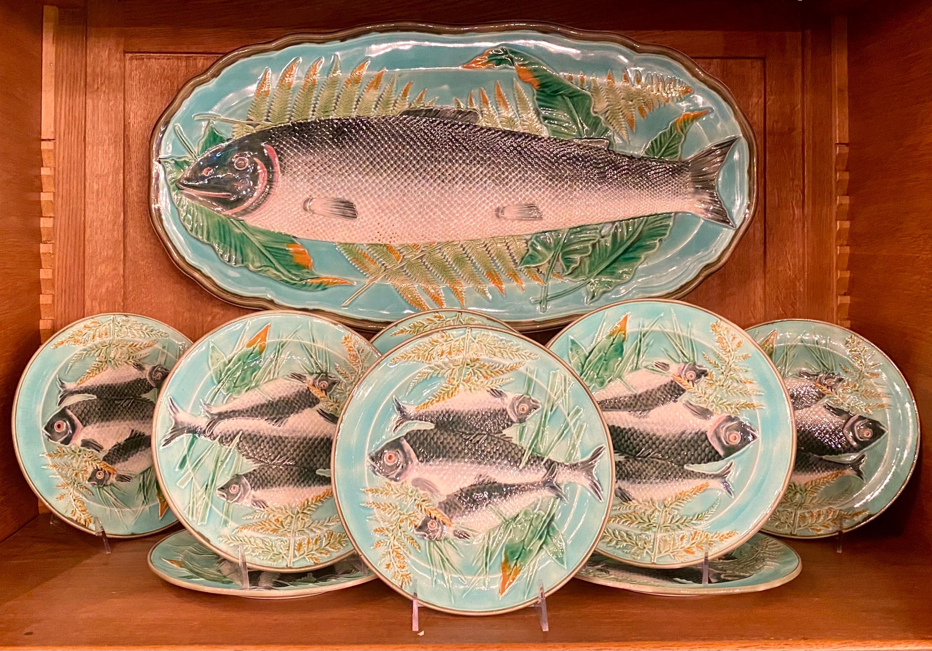 Antique 19th Century English Wedgwood Majolica Fish Set, 1 Platter and 10 Plates 12